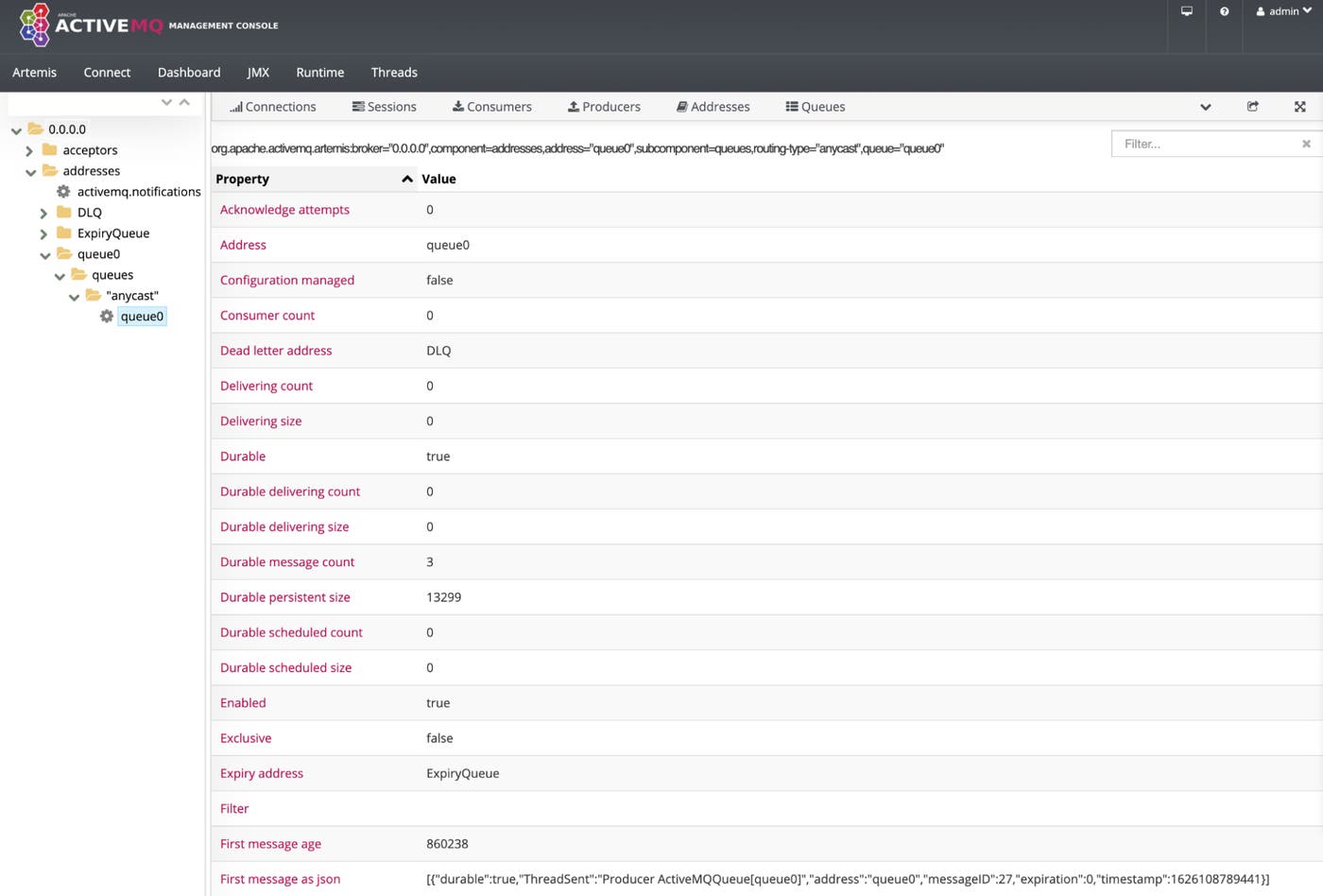 The ActiveMQ Artemis Web Console shows queue metrics including consumer count, message count, and queue size, plus configuration details about the queue. The ActiveMQ Artemis Web Console shows queue metrics including consumer count, message count, and queue size, plus configuration details about the queue.