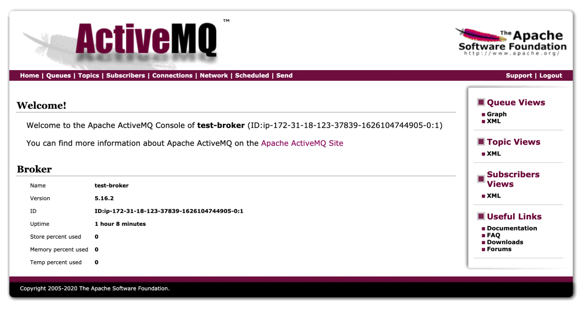 The main page of the ActiveMQ Classic Web Console shows the broker's uptime, store usage, memory usage, and temp usage.
