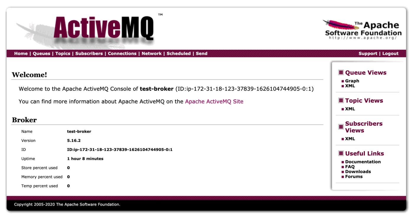 The main page of the ActiveMQ Classic Web Console shows the broker's uptime, store usage, memory usage, and temp usage. The main page of the ActiveMQ Classic Web Console shows the broker's uptime, store usage, memory usage, and temp usage.