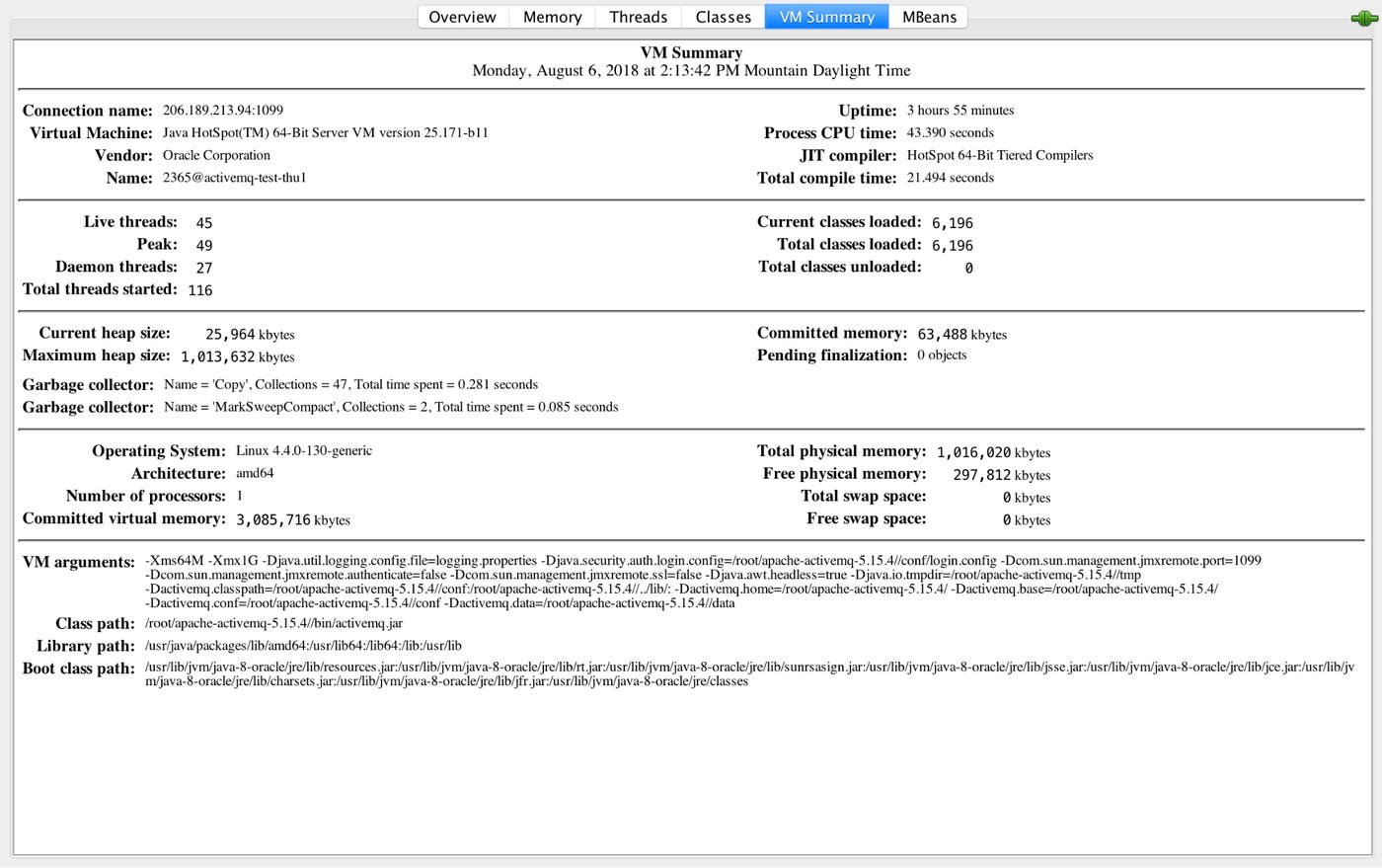 Screenshot of the JConsole VM Summary tab which shows a summary of the JVM's thread count, classes loaded, and memory in use. Screenshot of the JConsole VM Summary tab which shows a summary of the JVM's thread count, classes loaded, and memory in use.