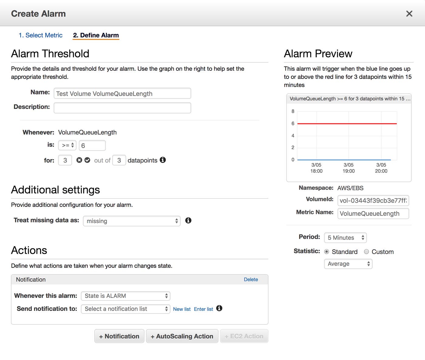 Creating a CloudWatch alarm for EBS metrics Creating a CloudWatch alarm for EBS metrics