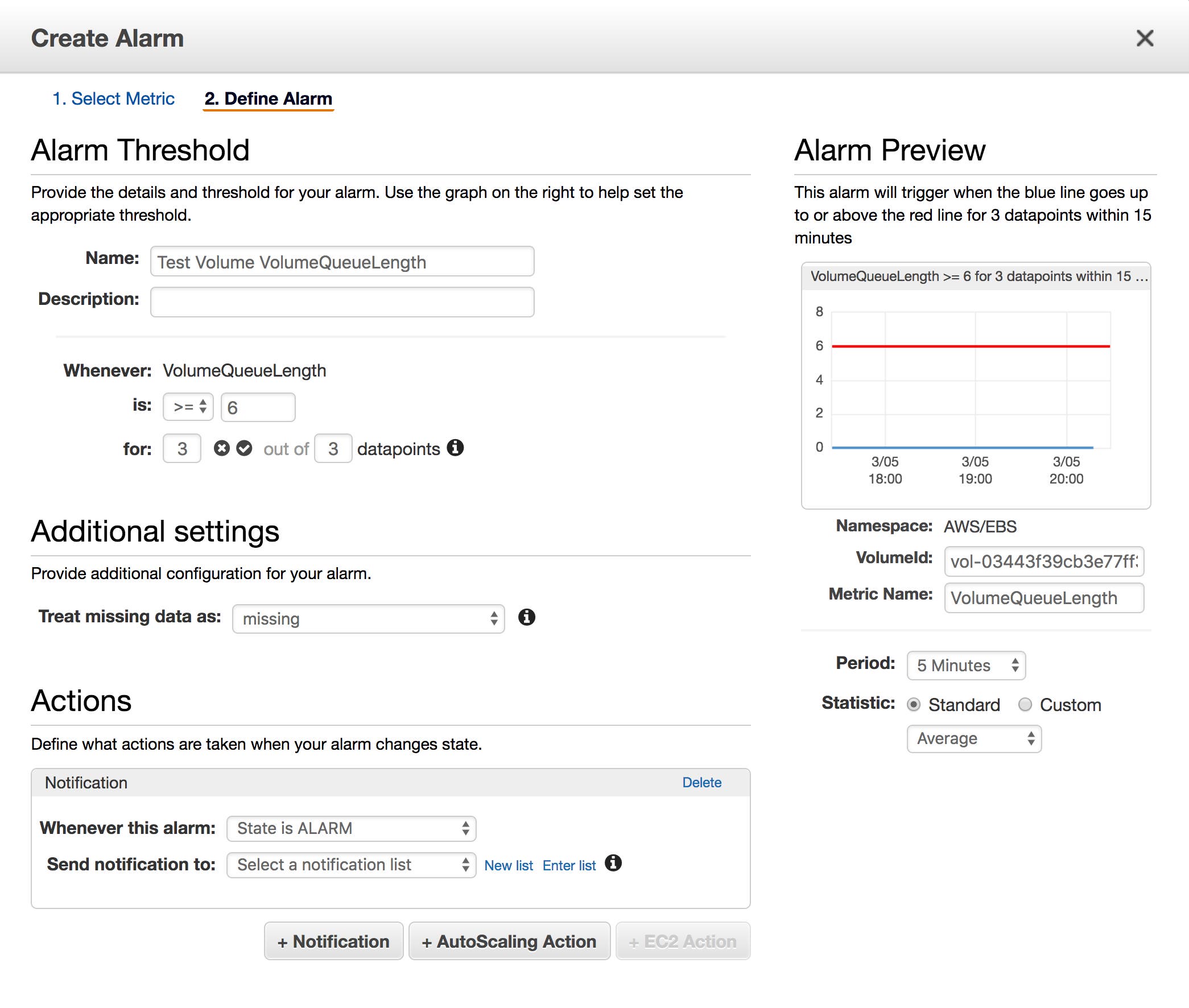 Creating a CloudWatch alarm for EBS metrics Creating a CloudWatch alarm for EBS metrics