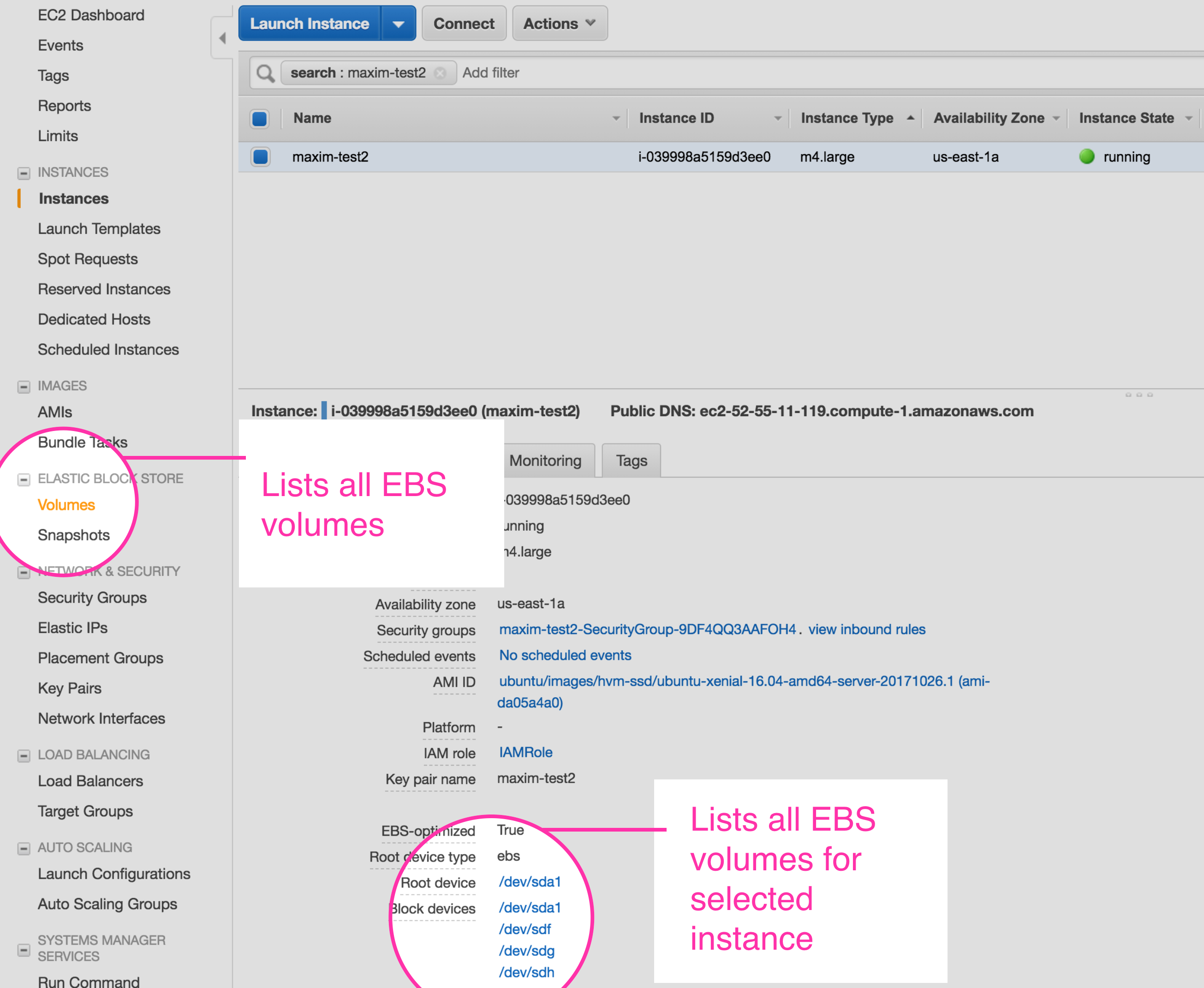 View EBS volumes from the EC2 console