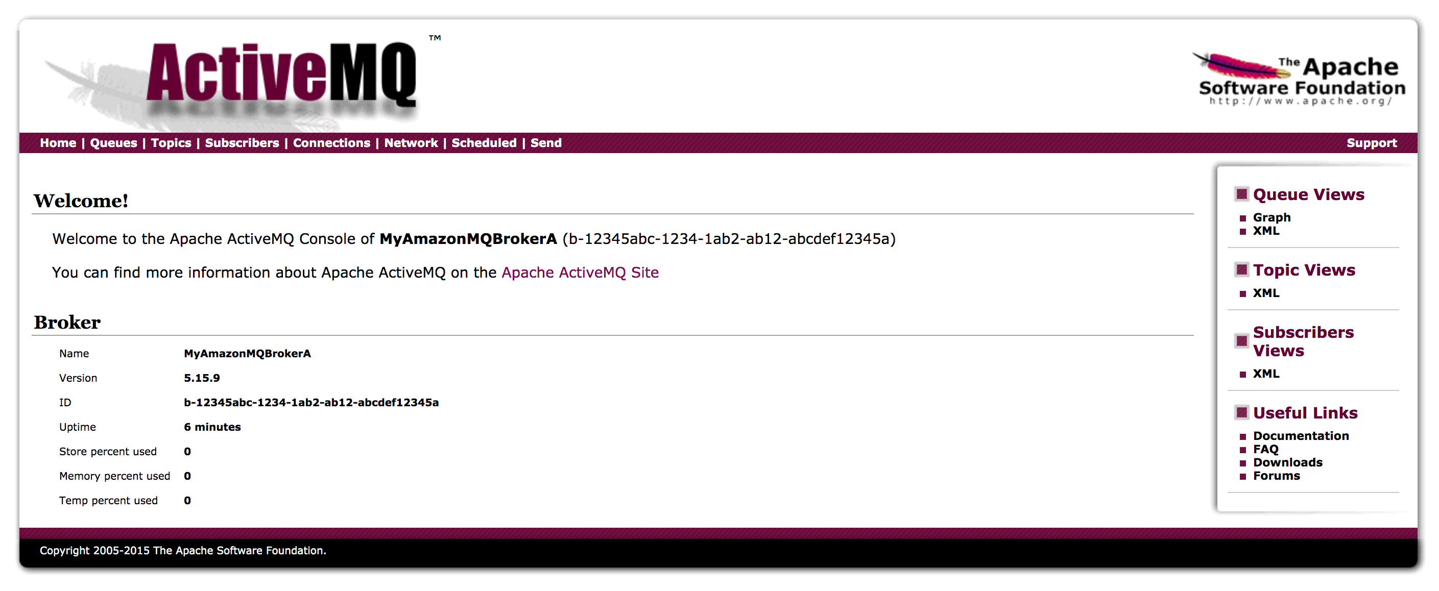 A screenshot shows the main page of the ActiveMQ Web Console, which includes the broker's uptime, store percent used, memory percent used, and temp percent used metrics.