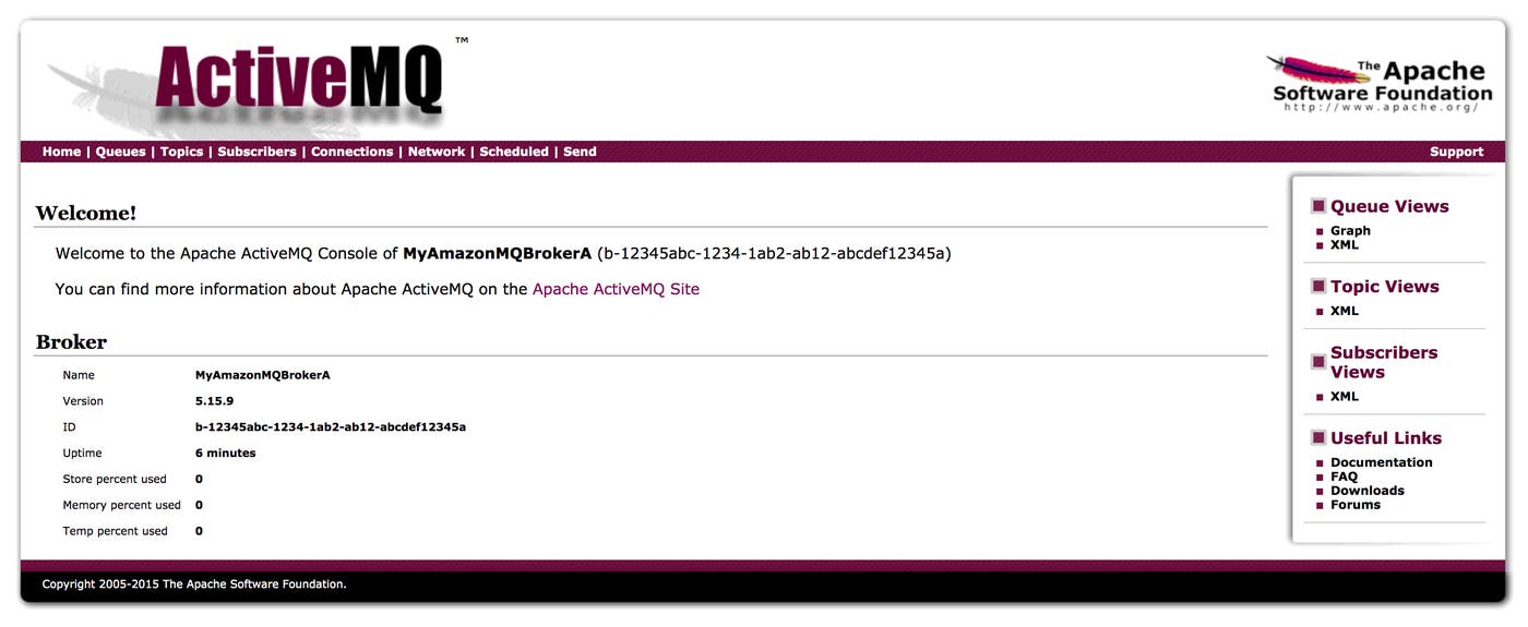 A screenshot shows the main page of the ActiveMQ Web Console, which includes the broker's uptime, store percent used, memory percent used, and temp percent used metrics. A screenshot shows the main page of the ActiveMQ Web Console, which includes the broker's uptime, store percent used, memory percent used, and temp percent used metrics.