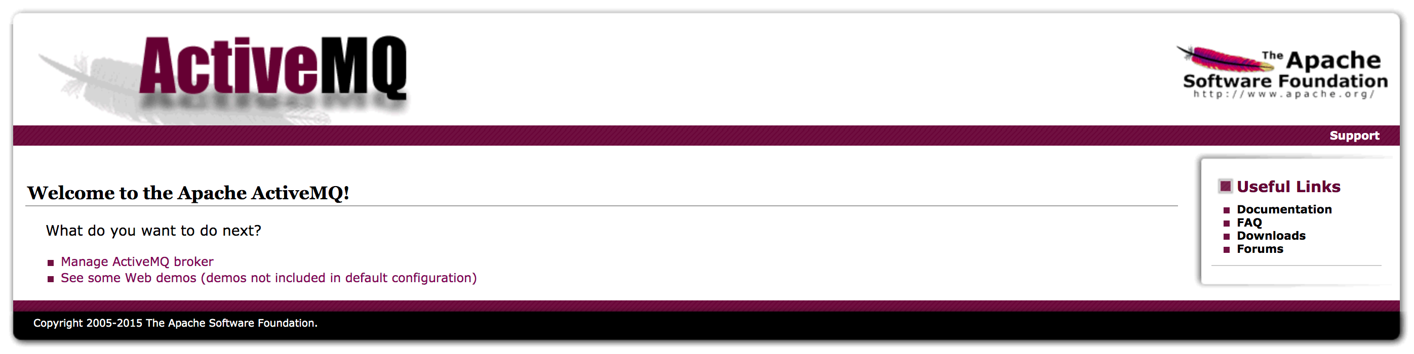 A screenshot shows the first page you see after logging in to the ActiveMQ Web Console, with a link to manage the ActiveMQ broker.