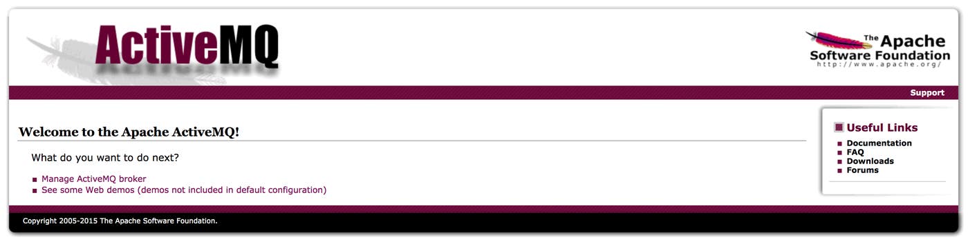 A screenshot shows the first page you see after logging in to the ActiveMQ Web Console, with a link to manage the ActiveMQ broker. A screenshot shows the first page you see after logging in to the ActiveMQ Web Console, with a link to manage the ActiveMQ broker.