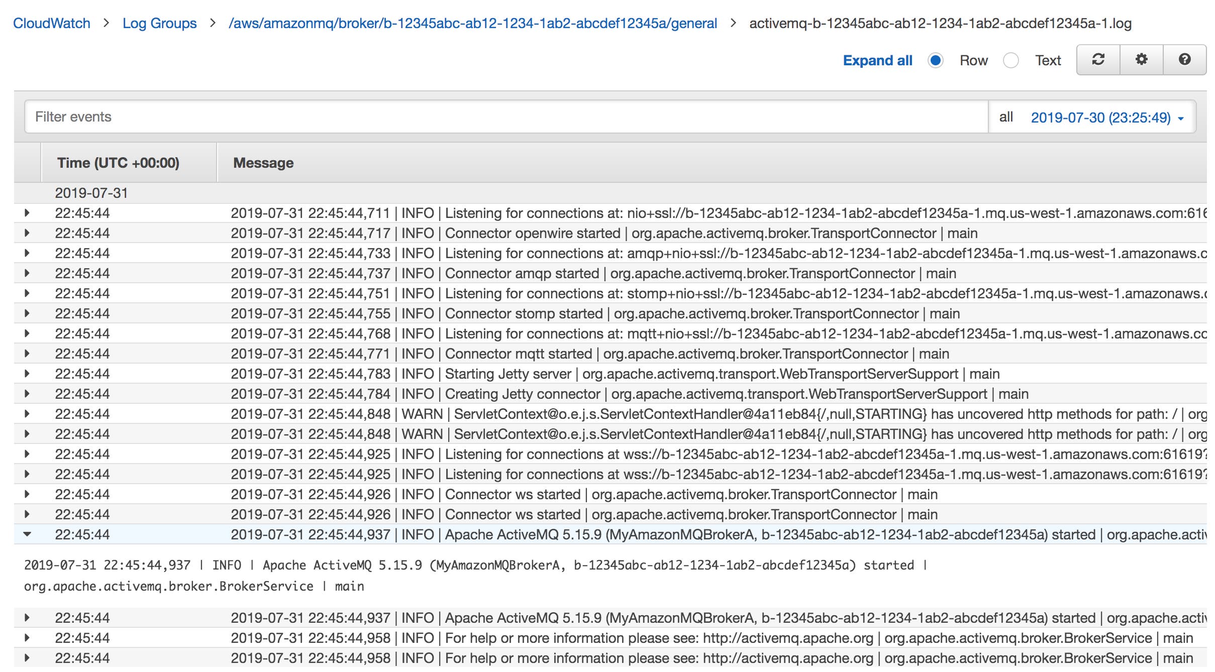 A CloudWatch logs screenshot displays a log that Amazon MQ created when it started a broker. A CloudWatch logs screenshot displays a log that Amazon MQ created when it started a broker.