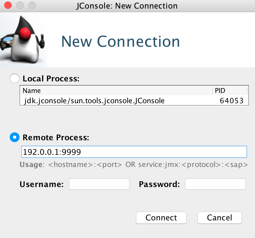 JConsole's New Connection view includes remote process, username, and password fields you can use to connect to a remote node to monitor Kafka performance.