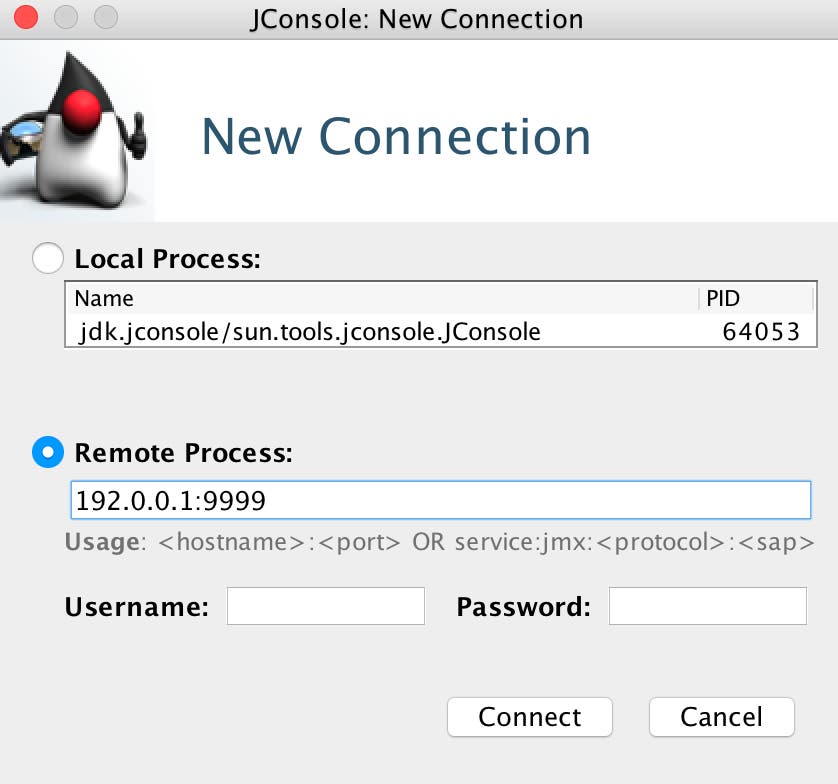 JConsole's New Connection view includes remote process, username, and password fields you can use to connect to a remote node to monitor Kafka performance. JConsole's New Connection view includes remote process, username, and password fields you can use to connect to a remote node to monitor Kafka performance.