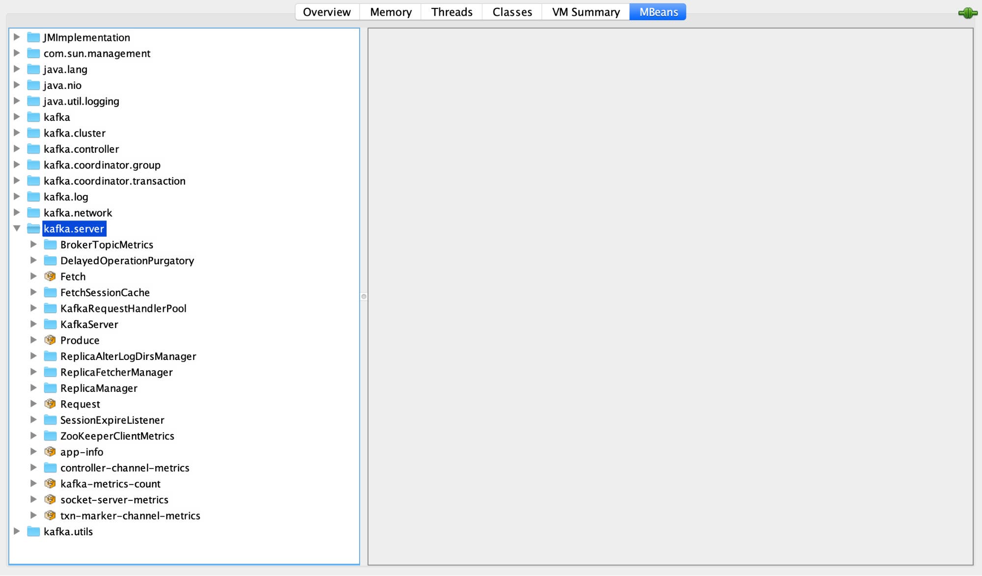 JConsole's MBean tab shows relevant JMX paths such as kafka.server and kafka.cluster JConsole's MBean tab shows relevant JMX paths such as kafka.server and kafka.cluster