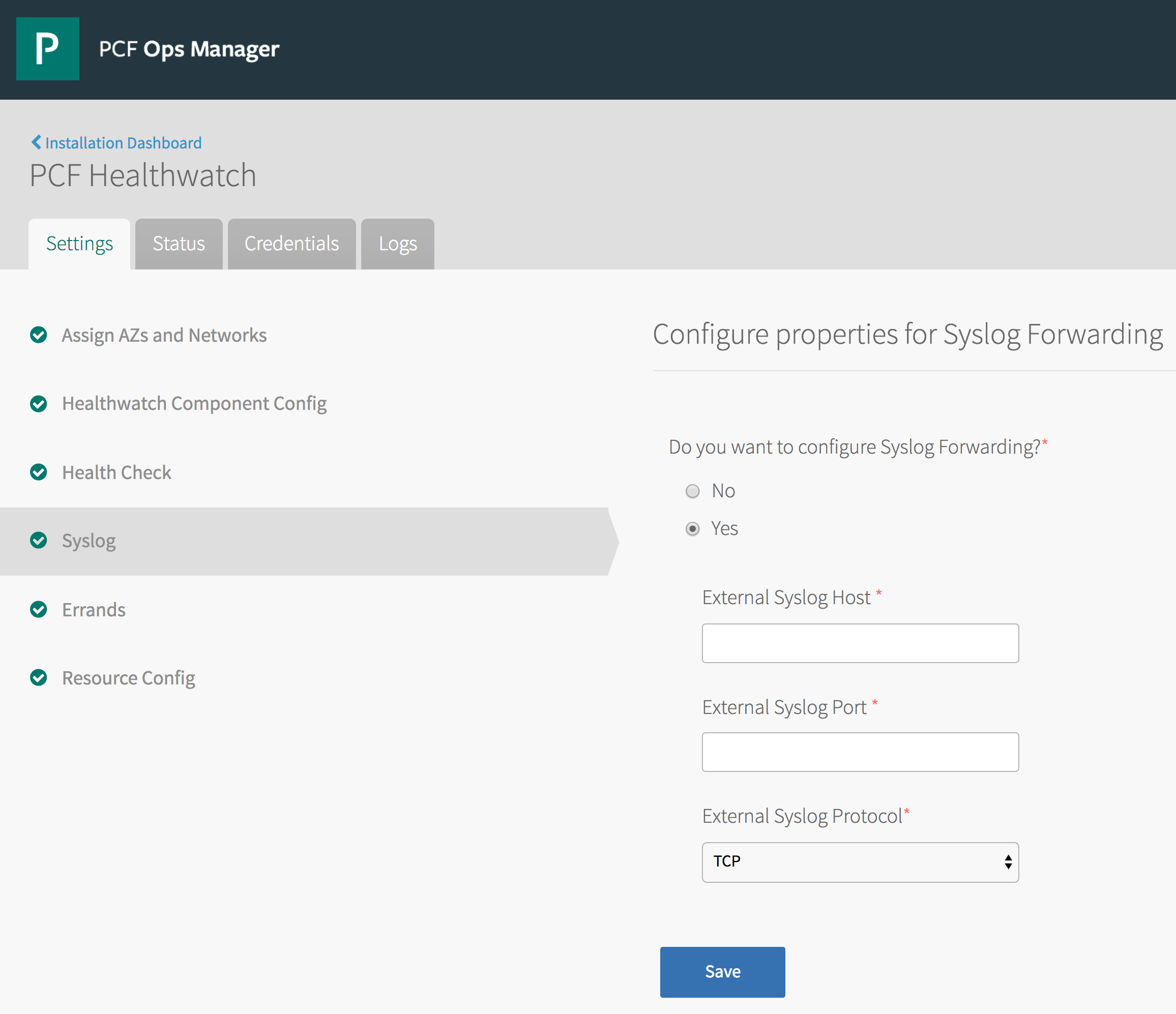 Pivotal Healthwatch syslog forwarding
