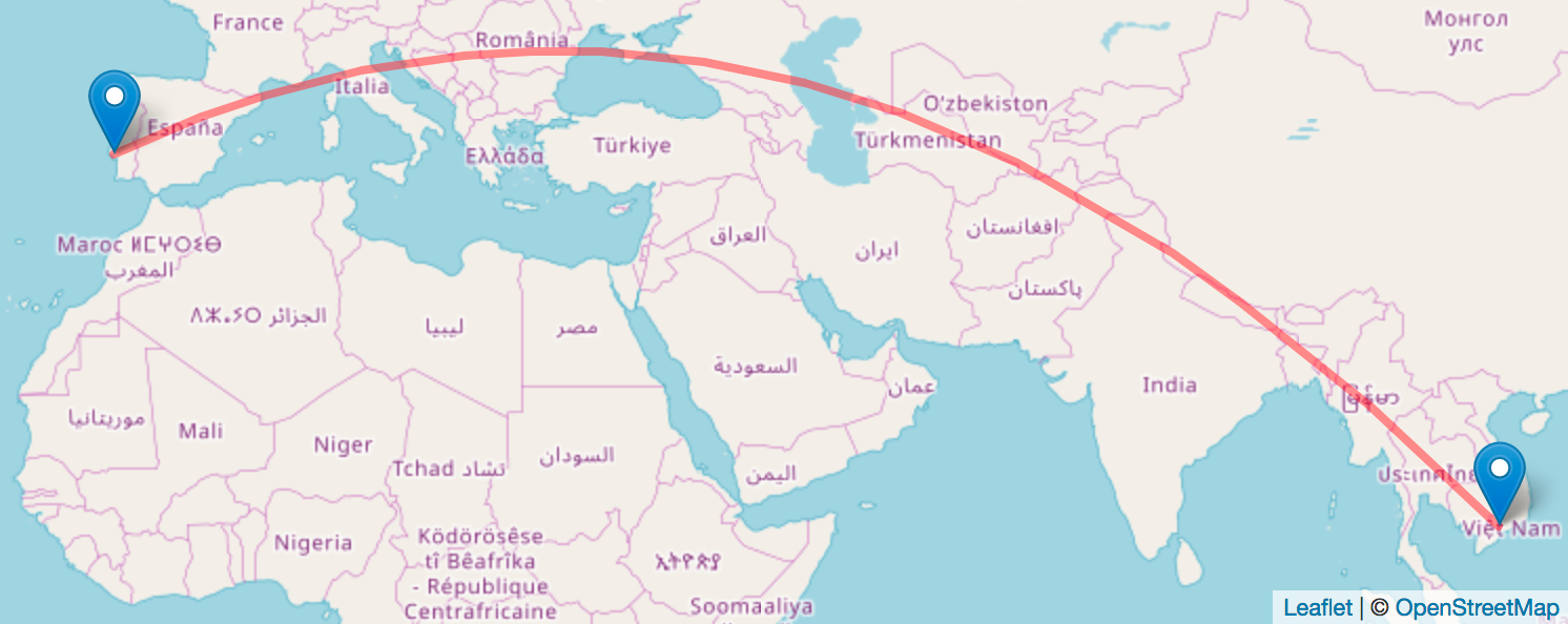 Great circle route between Portugal and Vietnam