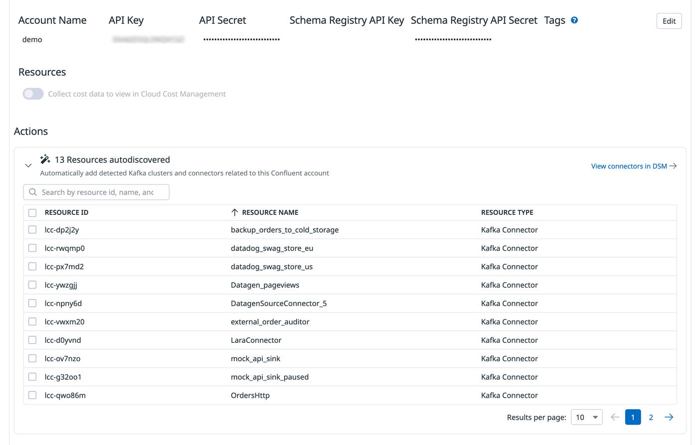 A list of autodiscovered connectors on the Confluent Cloud integration tile A list of autodiscovered connectors on the Confluent Cloud integration tile