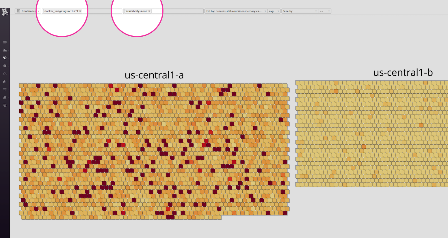A container map in Datadog, filtered to a specific Docker image and grouped by availability zone