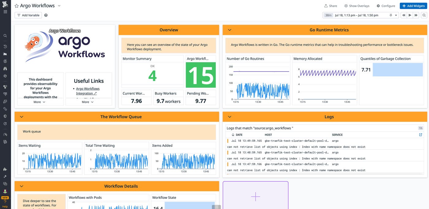 The Argo Workflows dashboard shows you Go runtime metrics, workflow queues, logs, and more. The Argo Workflows dashboard shows you Go runtime metrics, workflow queues, logs, and more.