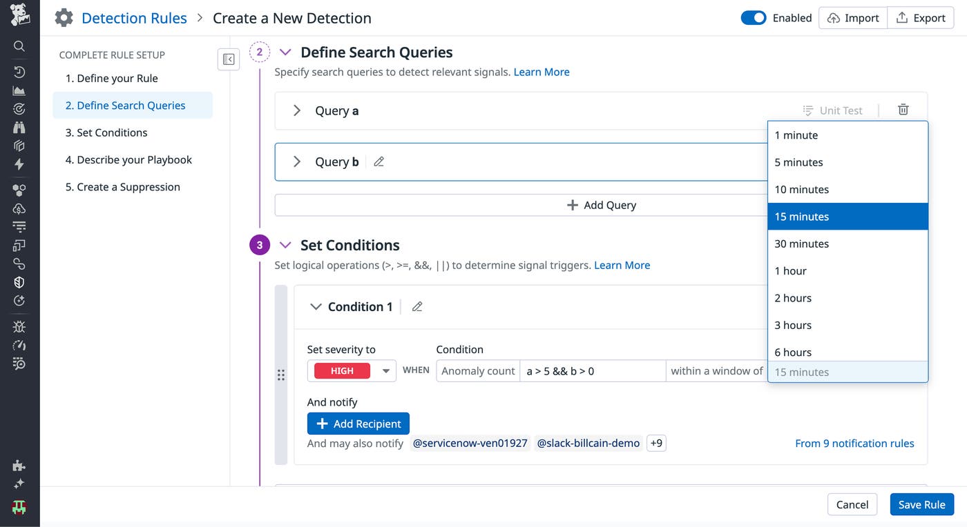 Setting the conditions for the Content Anomaly Detection rule. Setting the conditions for the Content Anomaly Detection rule.