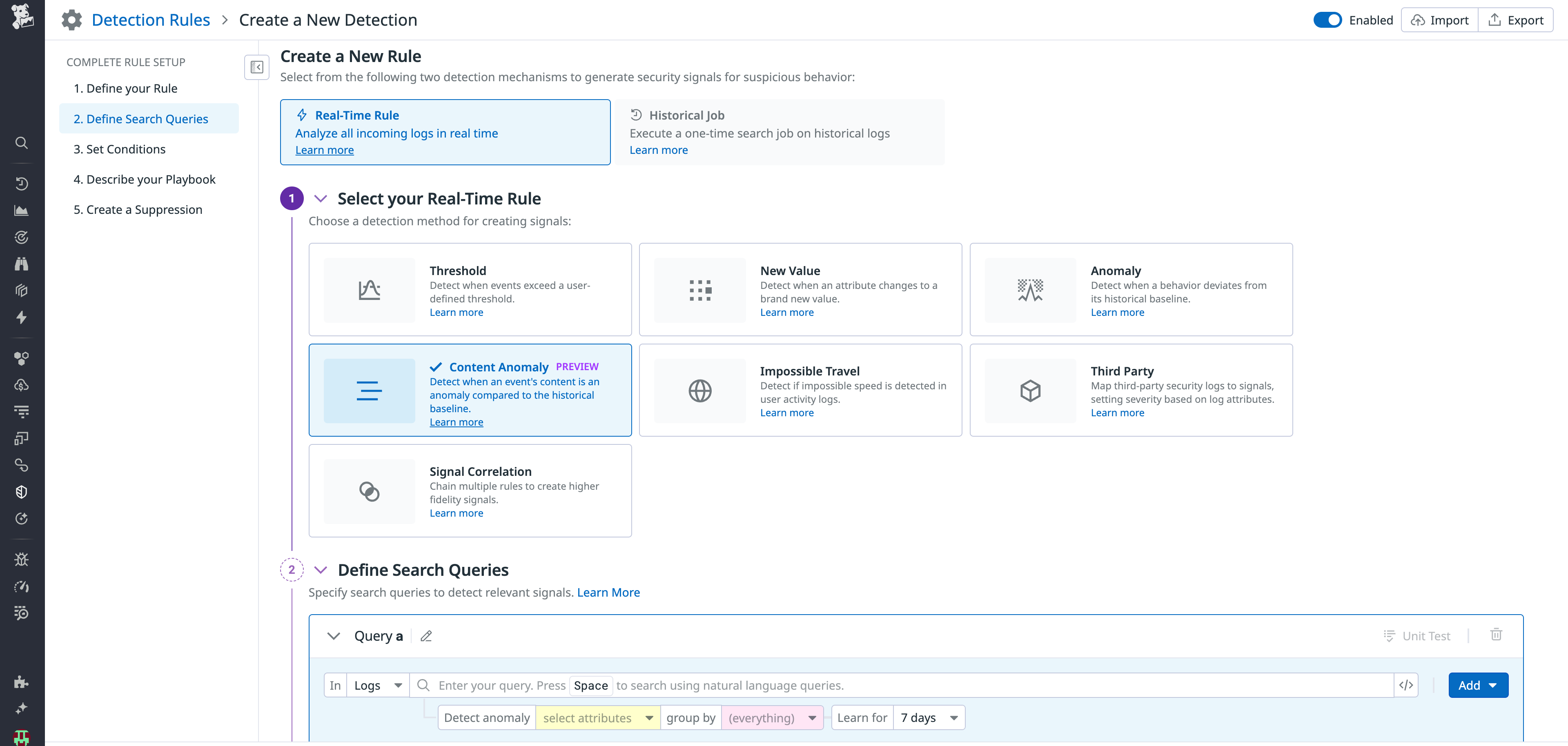 Creating a detection rule with the Content Anomaly Detection method.
