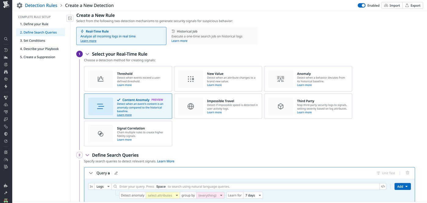 Creating a detection rule with the Content Anomaly Detection method. Creating a detection rule with the Content Anomaly Detection method.