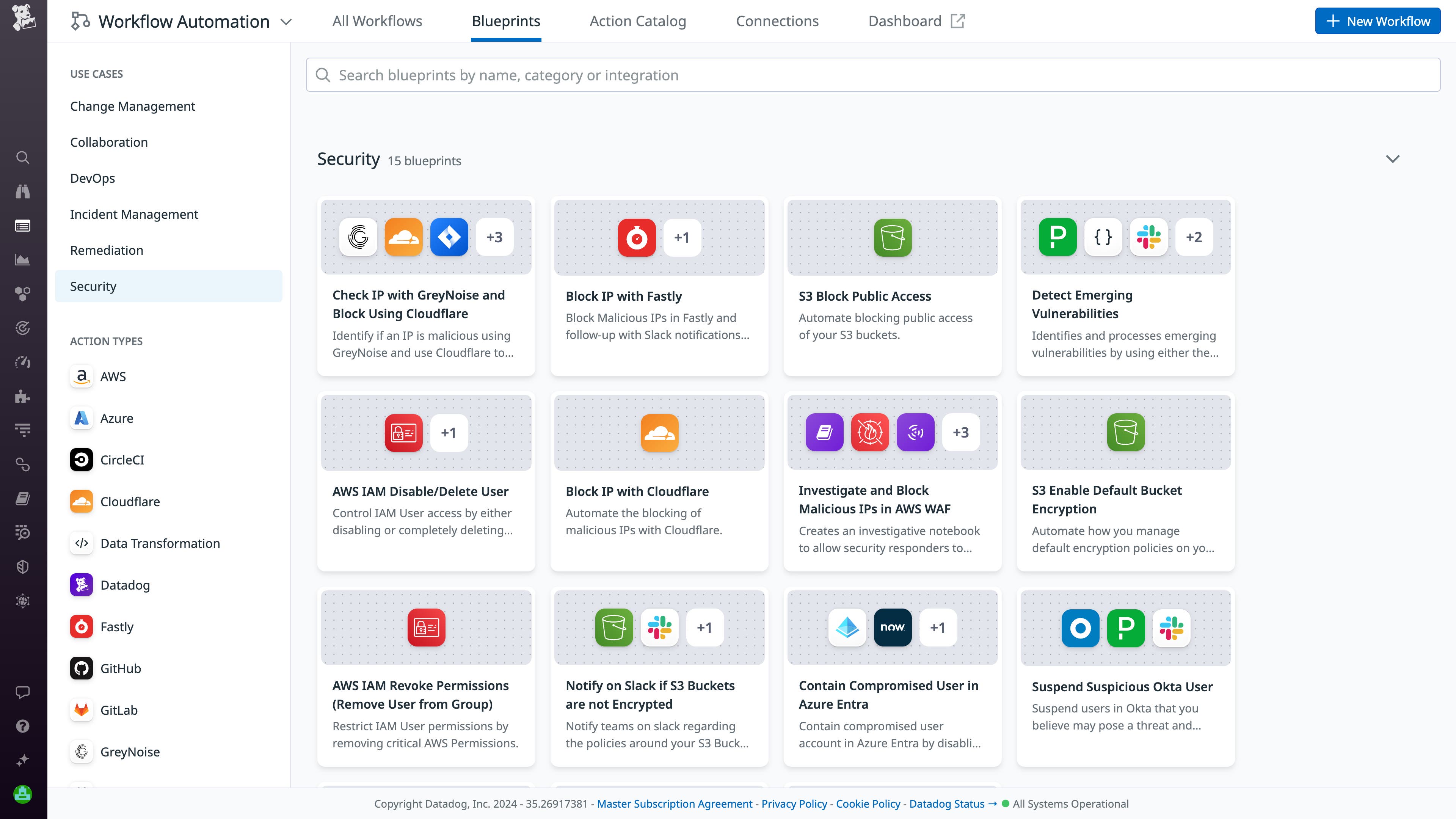 Workflow Blueprints view in Datadog Workflow Automation Workflow Blueprints view in Datadog Workflow Automation