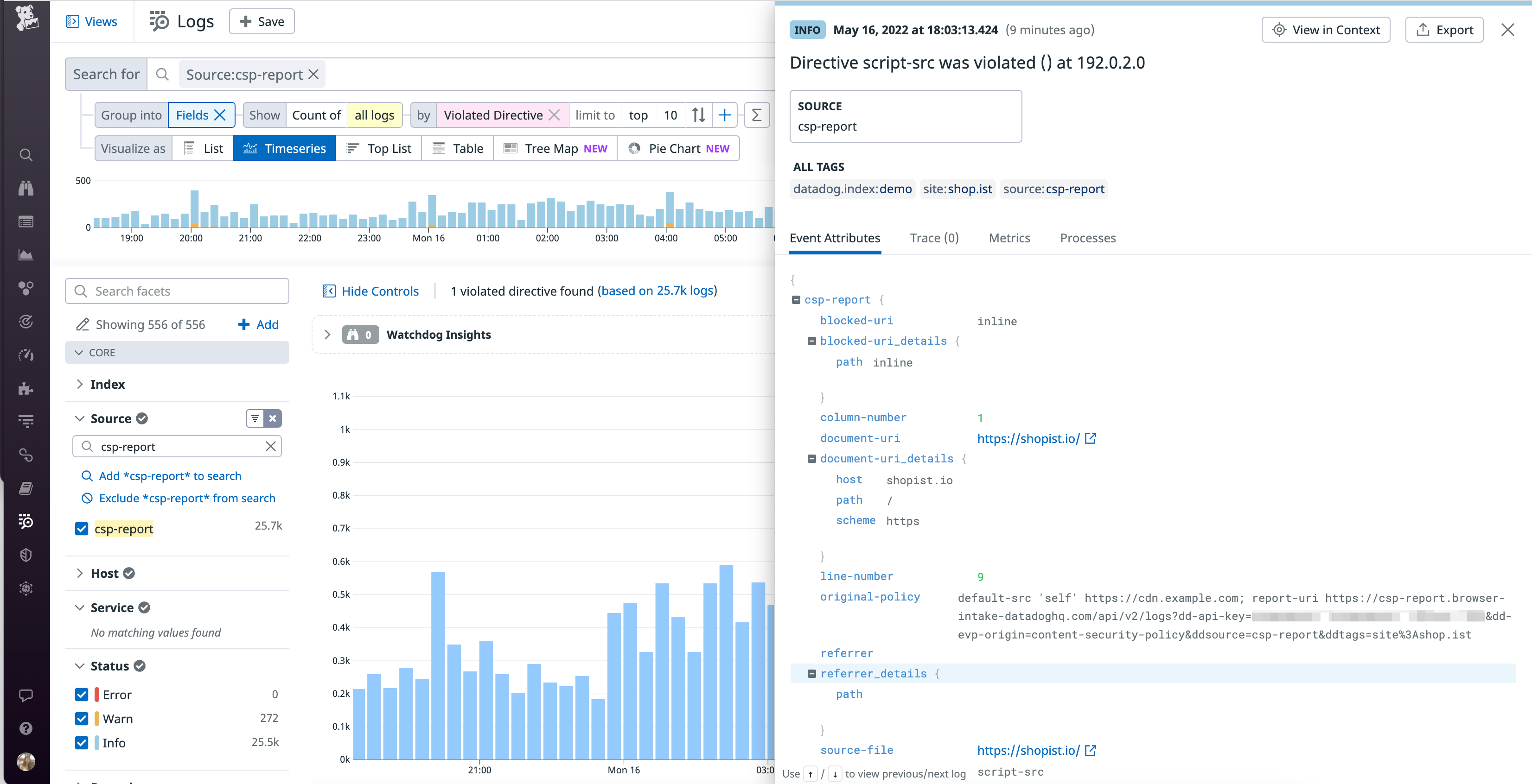 From the Datadog Log Explorer, you can search and inspect CSP violations for details about the violation, such as the violated directive or policy that was configured at the time of the violation.