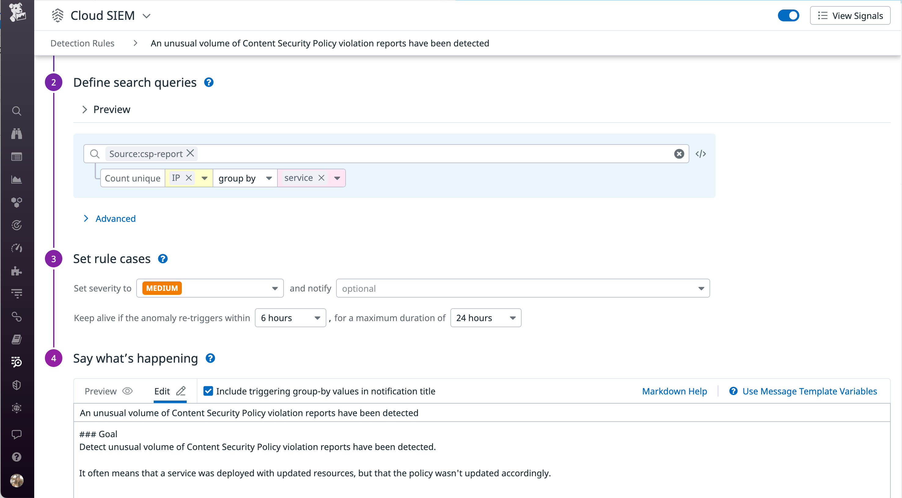 Datadog Cloud SIEM enables you to configure a detection rule to help you get notified about a surge in CSP violations.