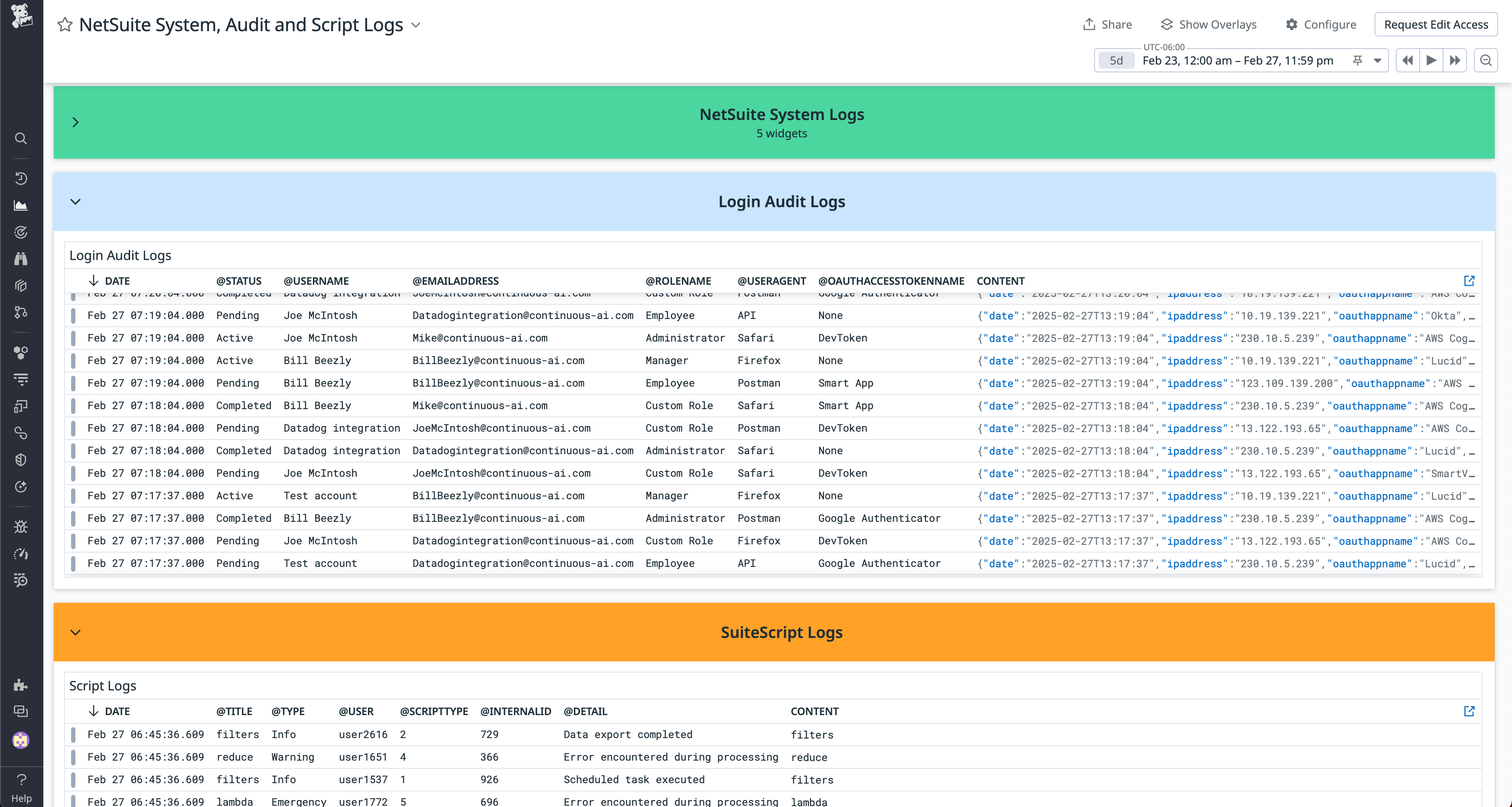 View of the out-of-the-box NetSuite System, Audit, and Script Logs dashboard