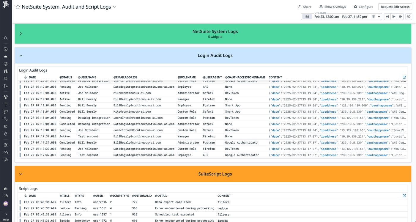 View of the out-of-the-box NetSuite System, Audit, and Script Logs dashboard View of the out-of-the-box NetSuite System, Audit, and Script Logs dashboard