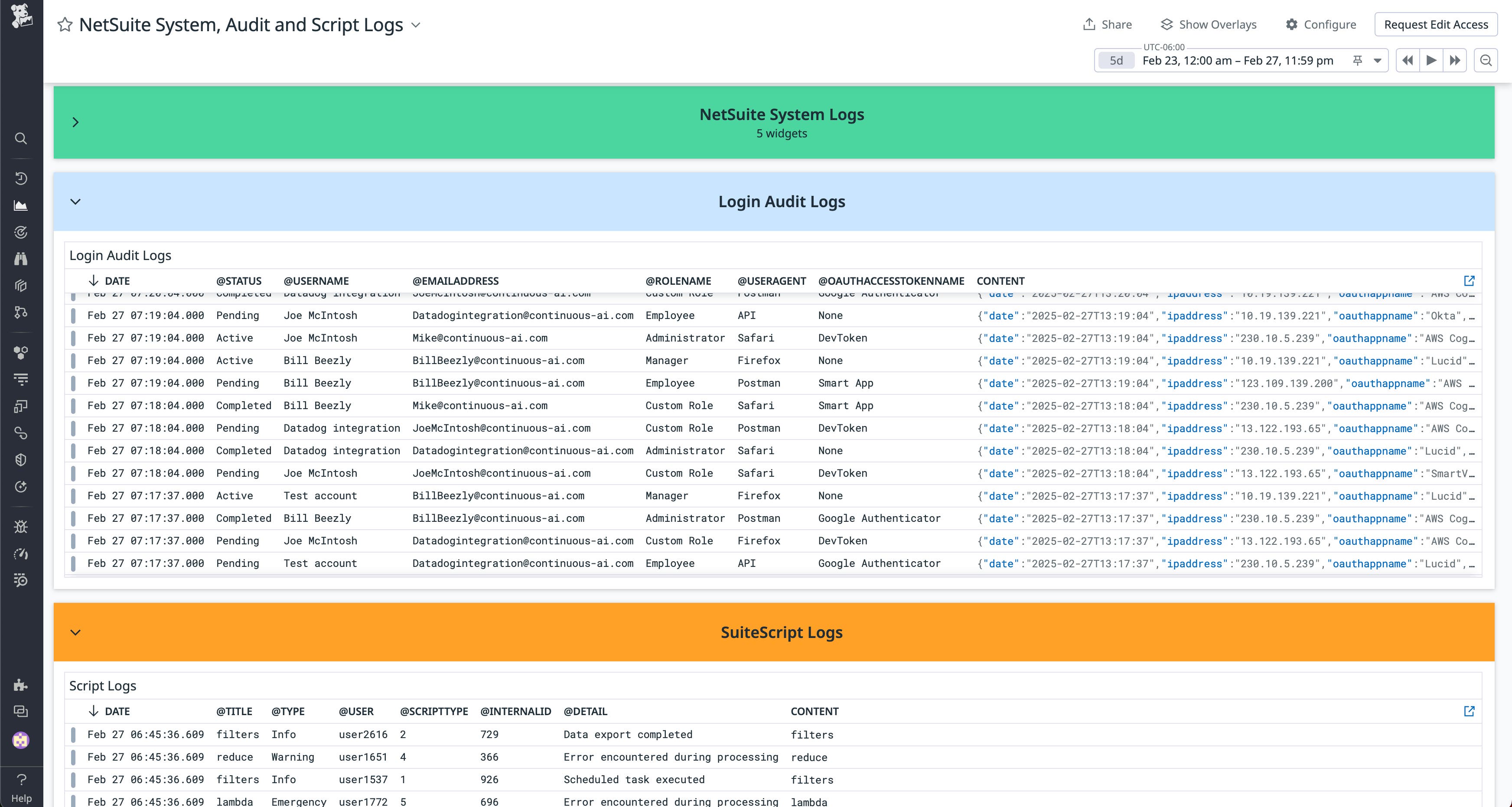 View of the out-of-the-box NetSuite System, Audit, and Script Logs dashboard View of the out-of-the-box NetSuite System, Audit, and Script Logs dashboard
