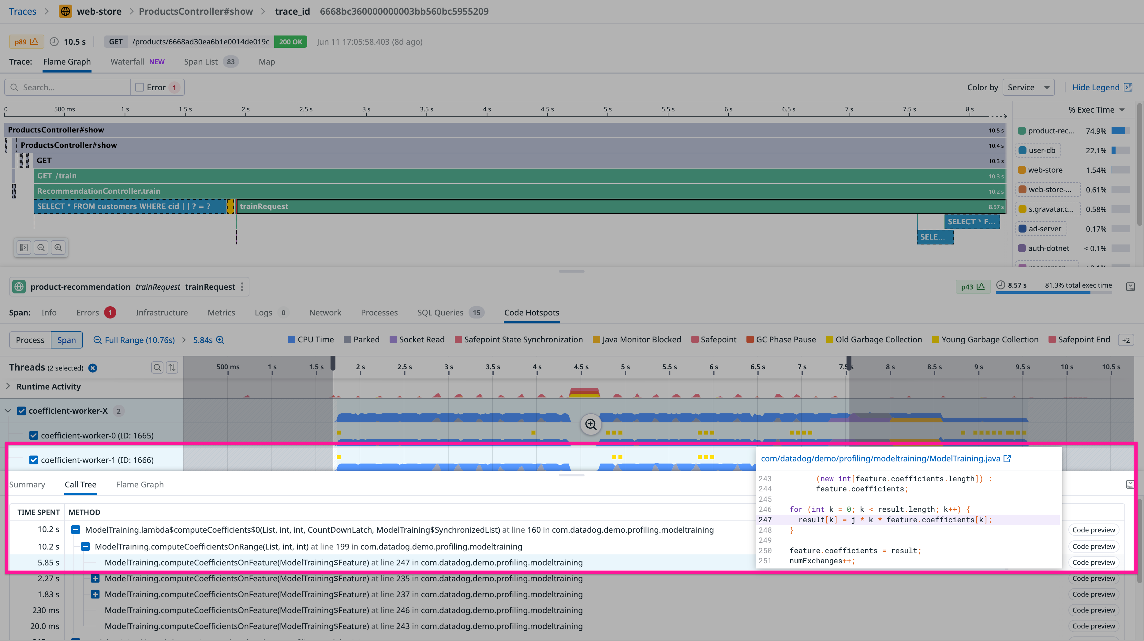 A call tree with a method selected and an associated code preview displayed