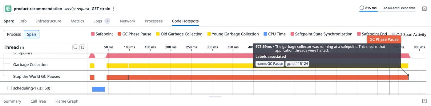Timeline view with a long red segment indicated as a stop-the-world GC pause Timeline view with a long red segment indicated as a stop-the-world GC pause
