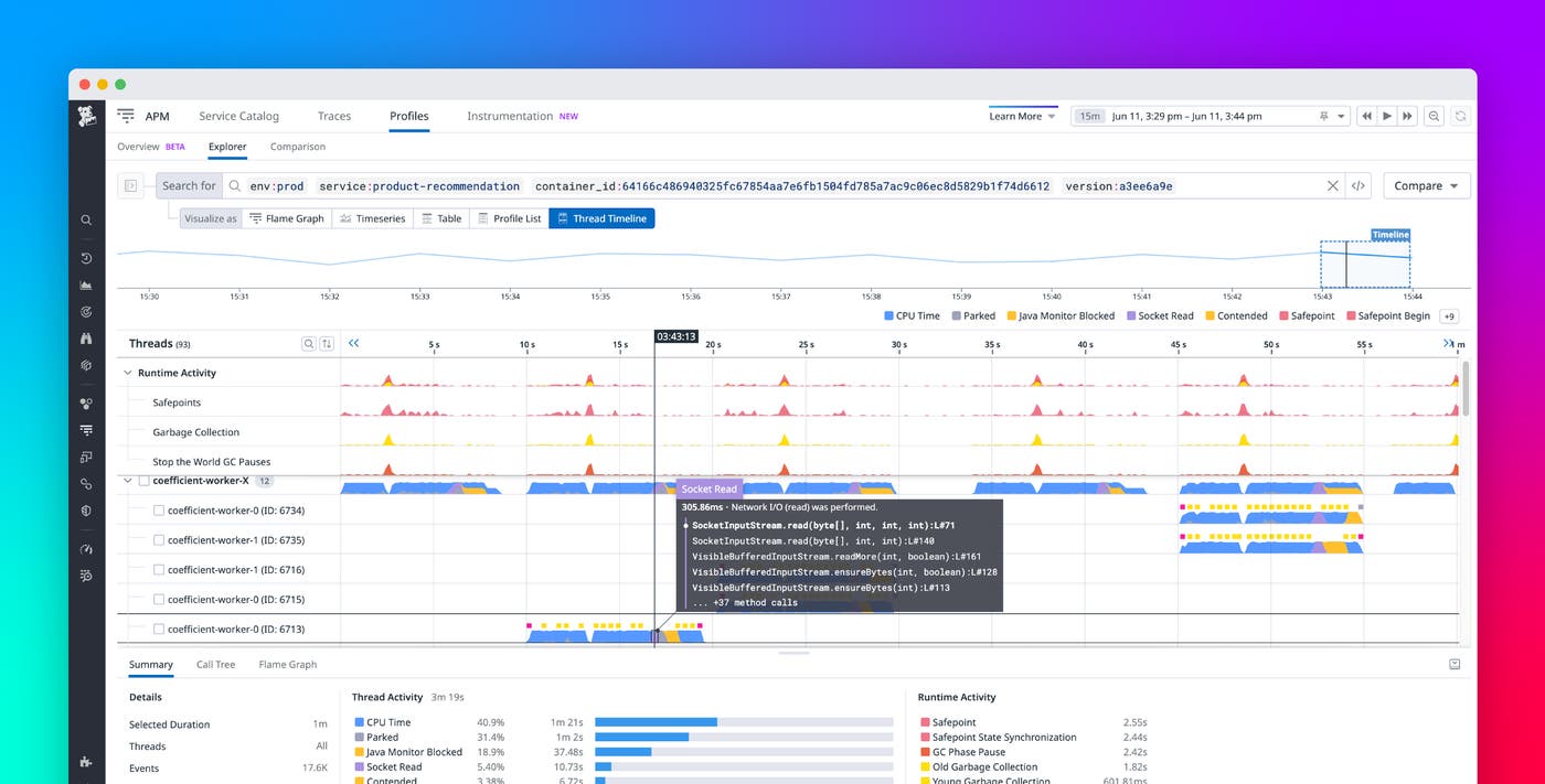 Diagnose runtime and code inefficiencies in production by using Continuous Profiler's timeline view Diagnose runtime and code inefficiencies in production by using Continuous Profiler's timeline view