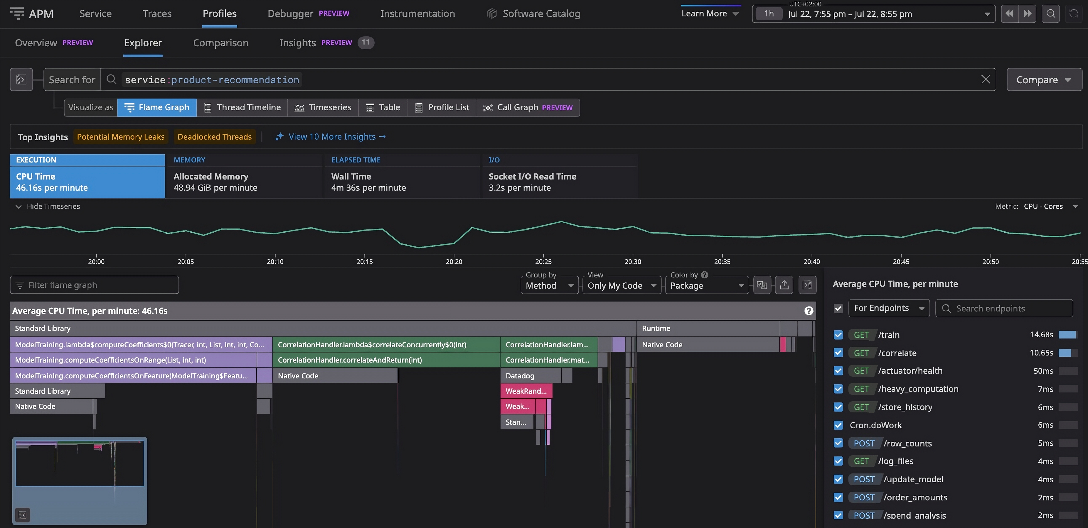 Profiling data for the product-recommendation service, showing average CPU time aggregated by endpoint.