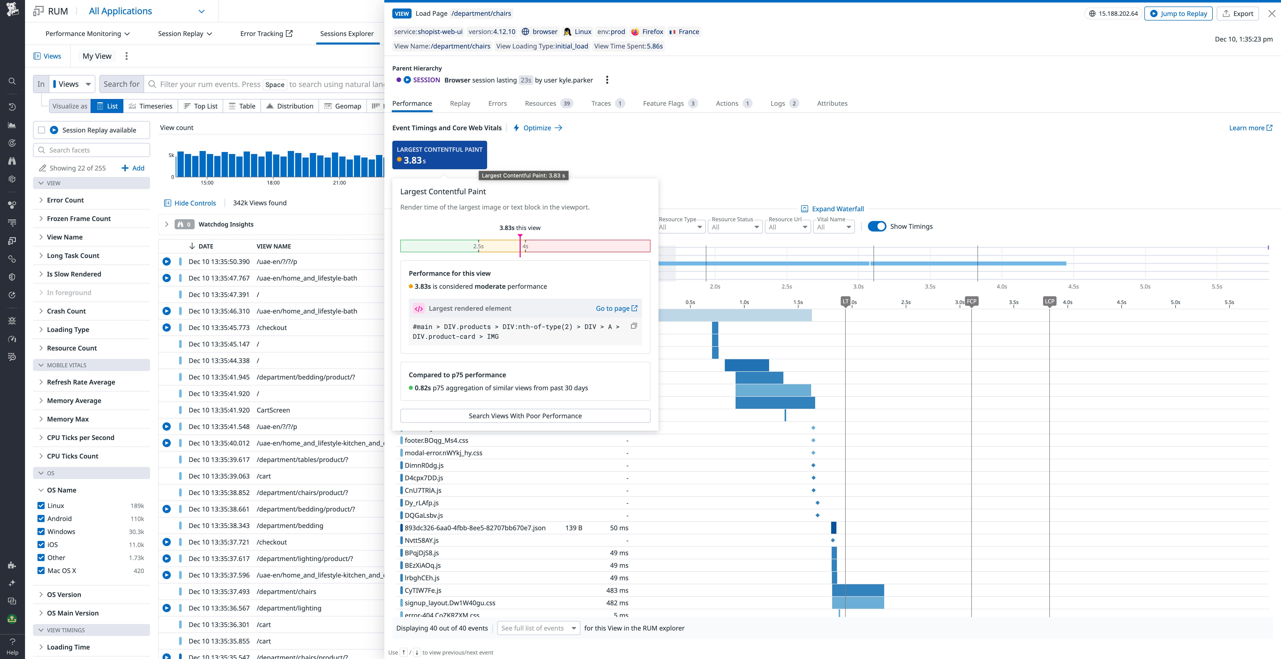 Correlate suboptimal Largest Contentful Paint scores with corresponding page load events in the RUM waterfall. Correlate suboptimal Largest Contentful Paint scores with corresponding page load events in the RUM waterfall.