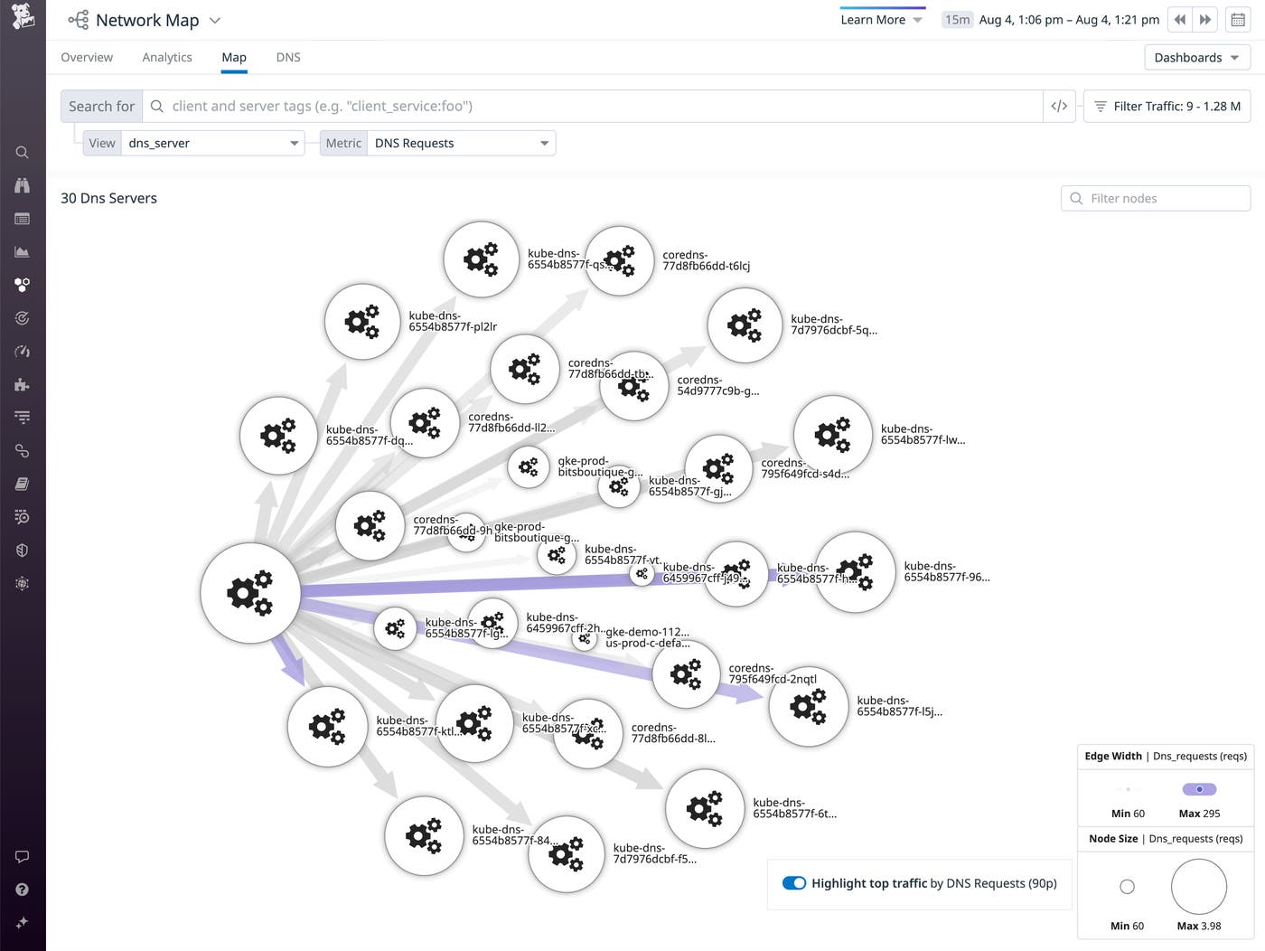 Datadog's Network Map visualizes the rate of requests sent to different DNS servers. Datadog's Network Map visualizes the rate of requests sent to different DNS servers.