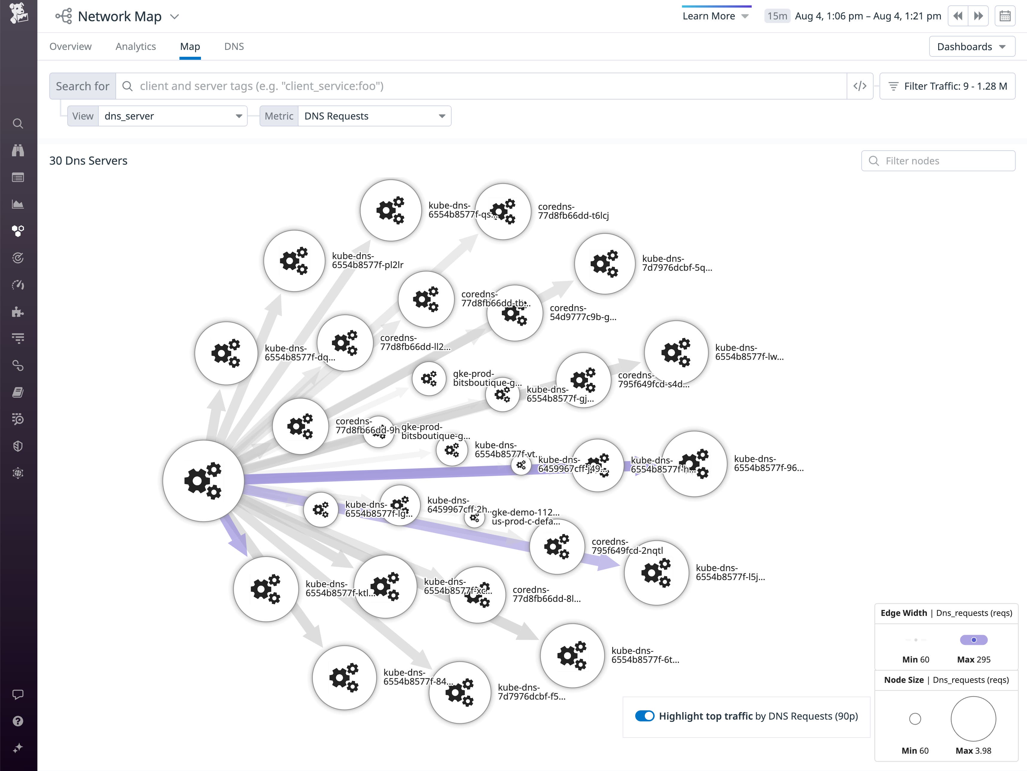 Datadog's Network Map visualizes the rate of requests sent to different DNS servers. Datadog's Network Map visualizes the rate of requests sent to different DNS servers.
