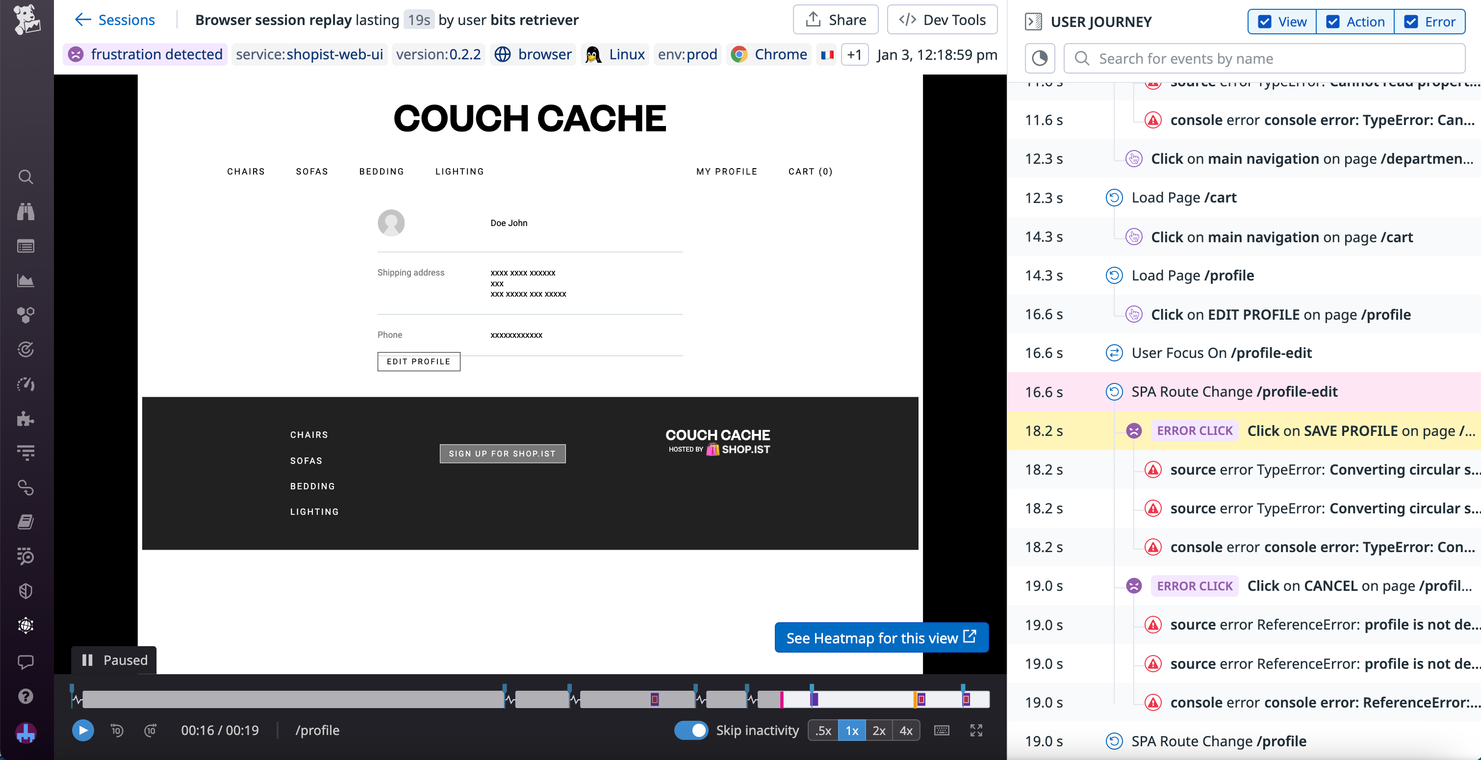 A replay for a user session that contained multiple errors and frustration signals.