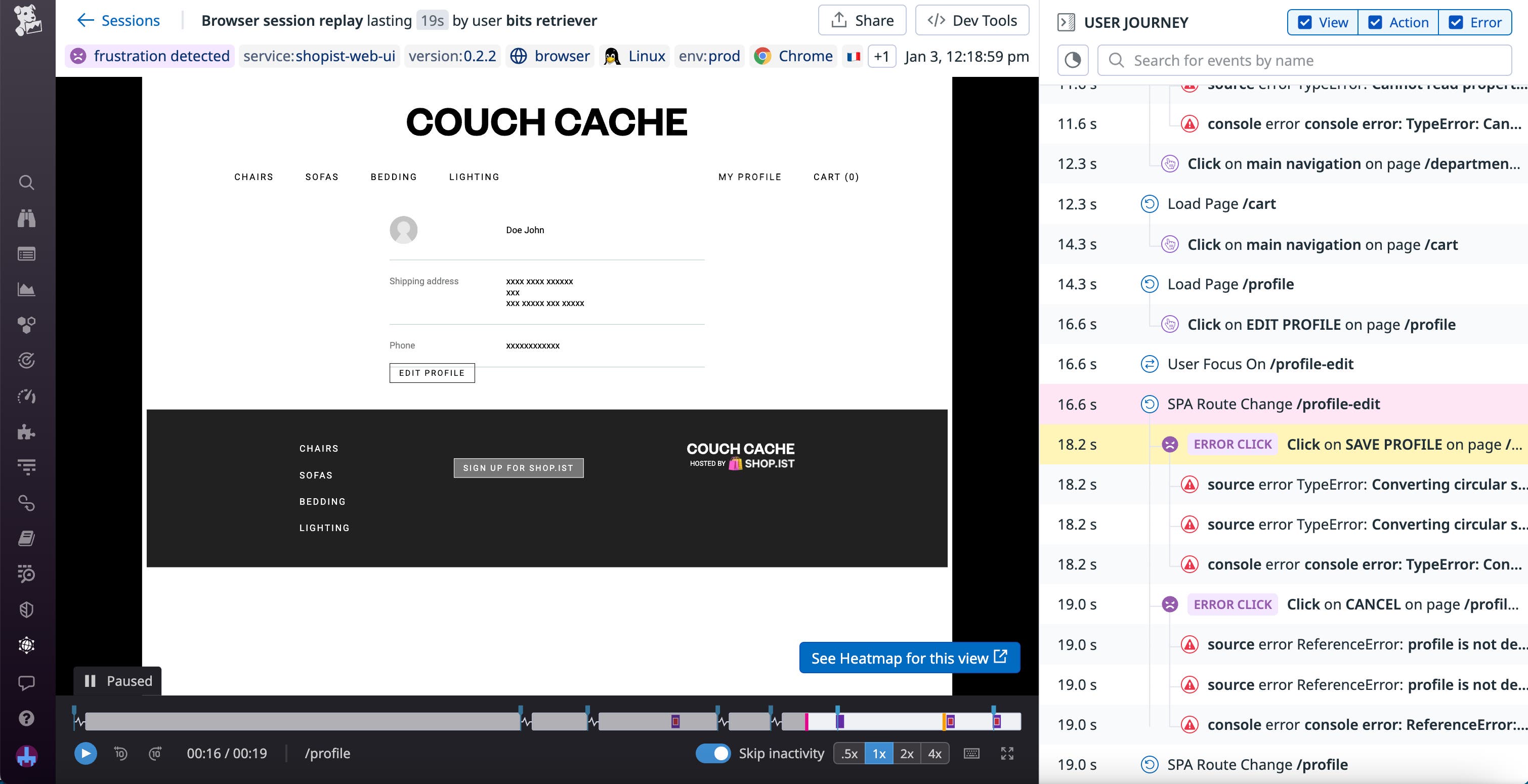 A replay for a user session that contained multiple errors and frustration signals. A replay for a user session that contained multiple errors and frustration signals.