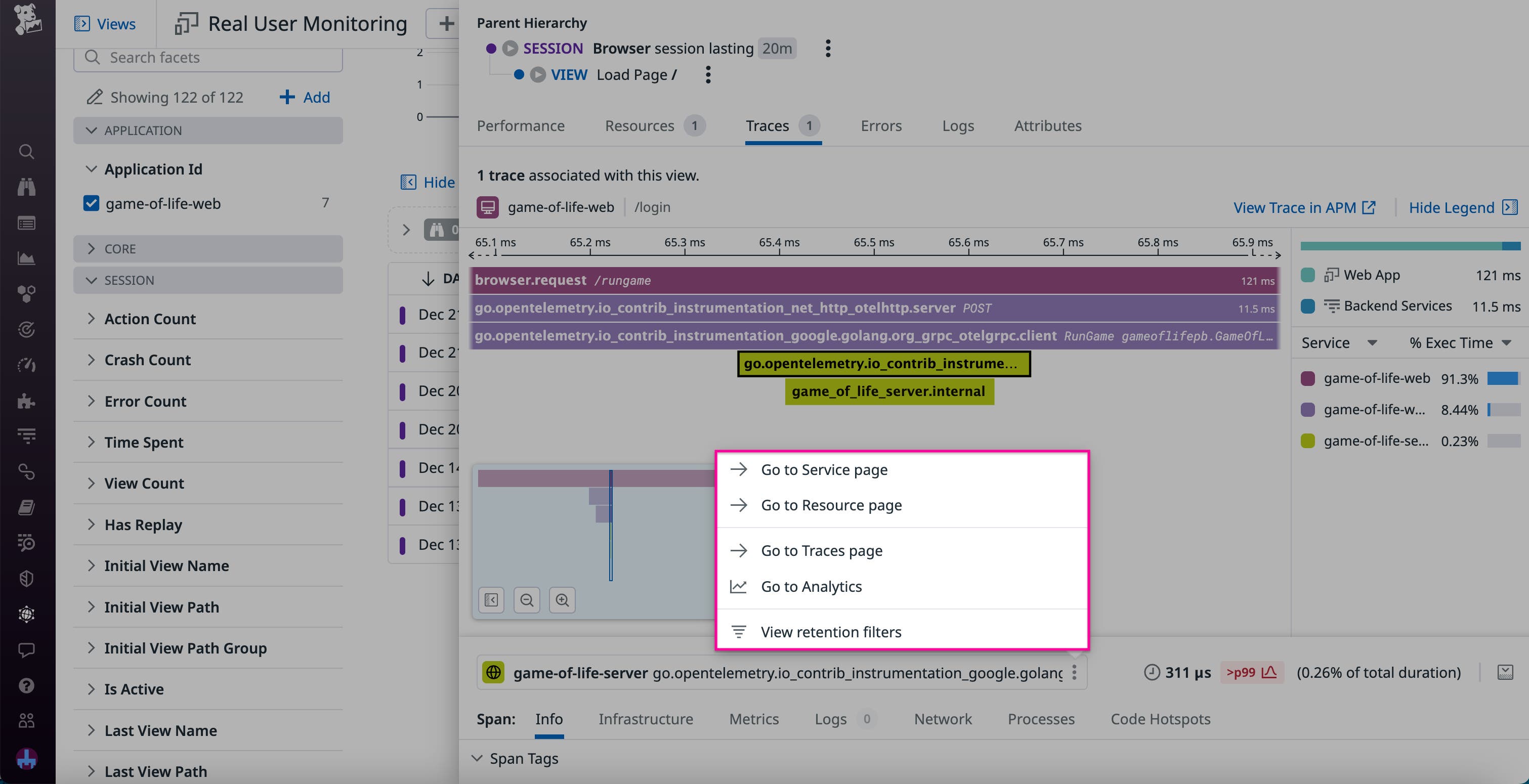 The Traces view within a RUM user session with the option to jump to the related Service page displayed. The Traces view within a RUM user session with the option to jump to the related Service page displayed.