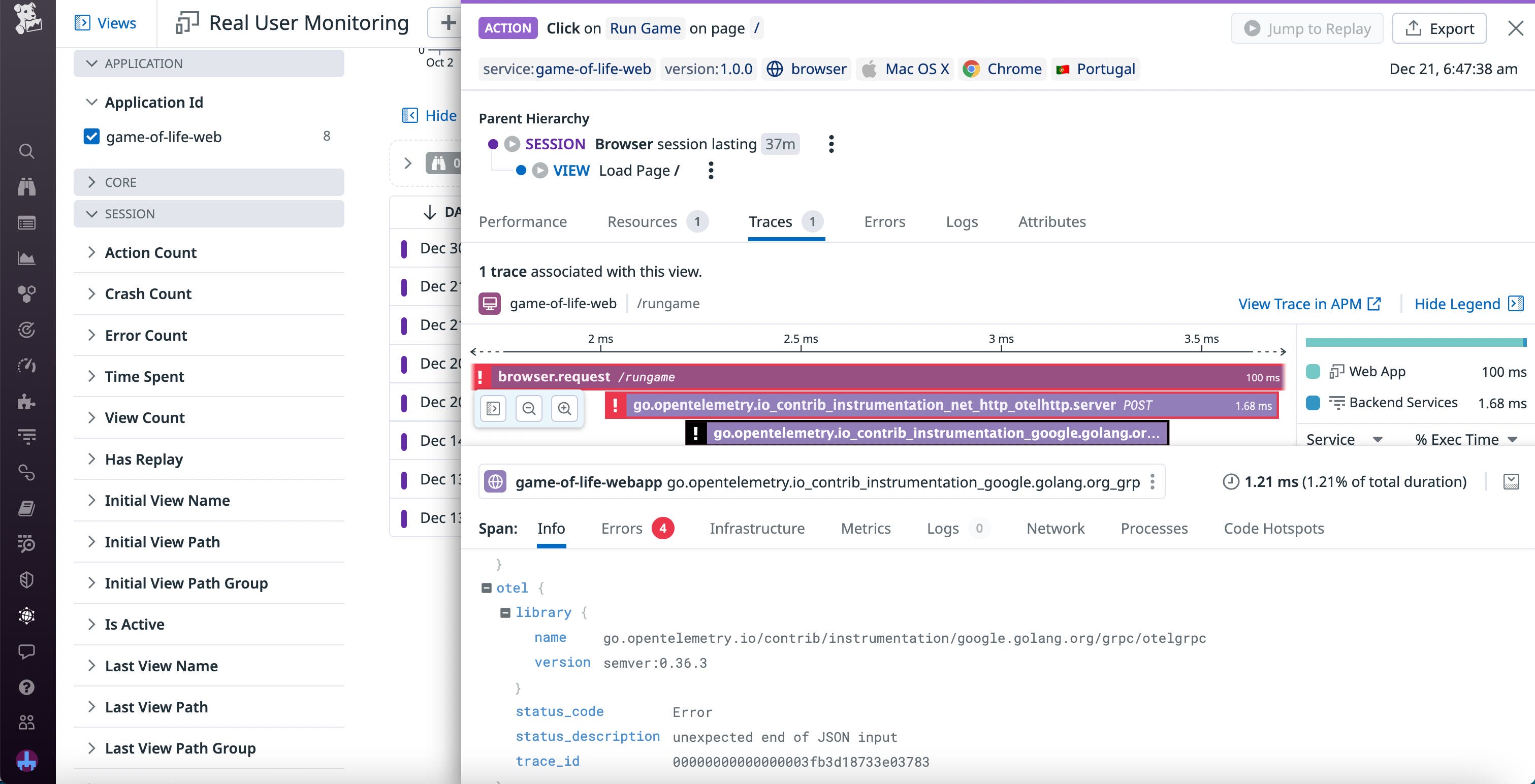 OTel-generated traces within a RUM user session, with relevant services and errors displayed. OTel-generated traces within a RUM user session, with relevant services and errors displayed.