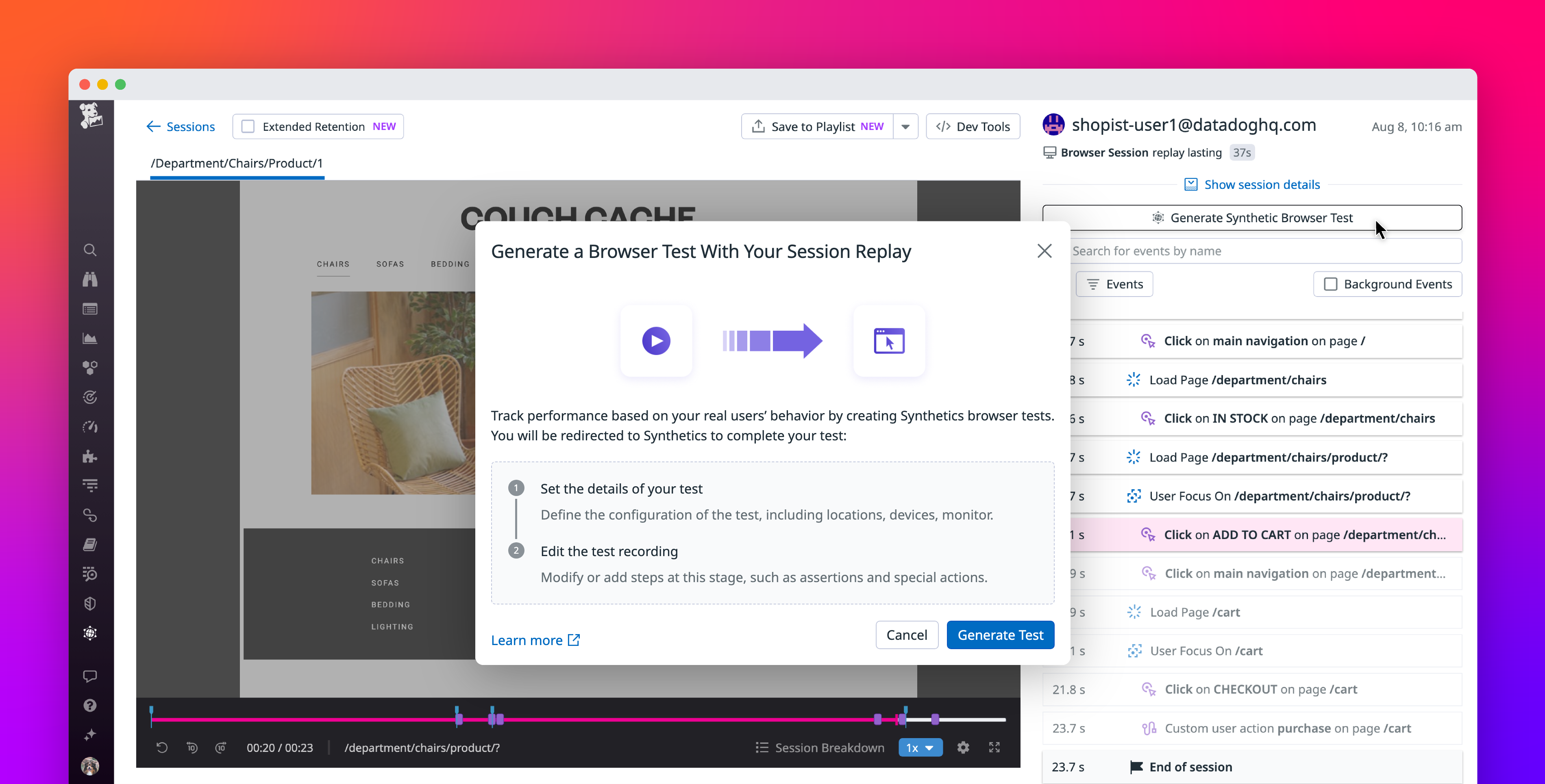 Create browser tests directly from Datadog RUM Session Replay