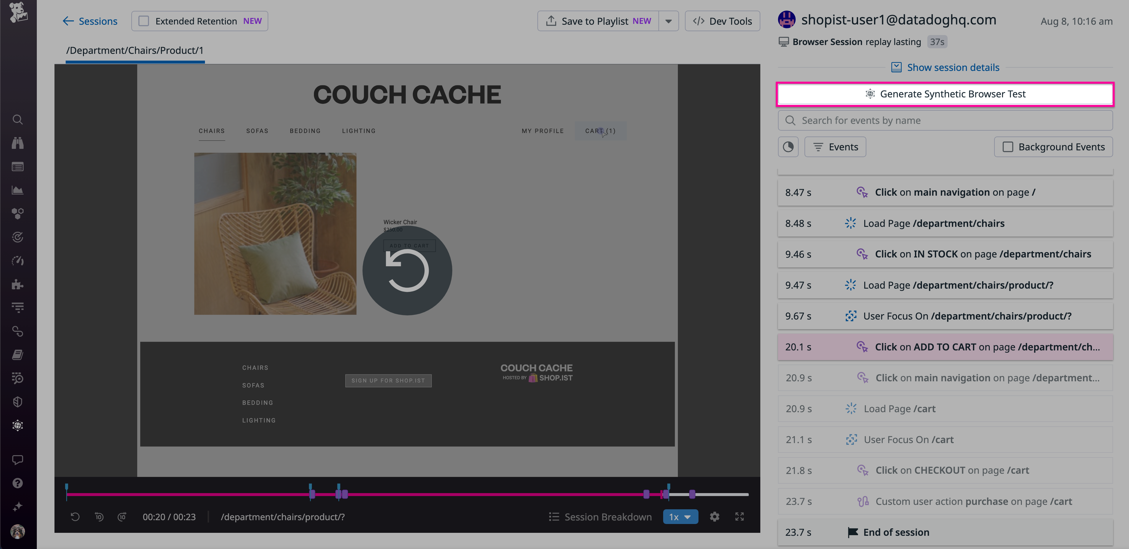 Generate a Synthetic Browser test from a Session Replay