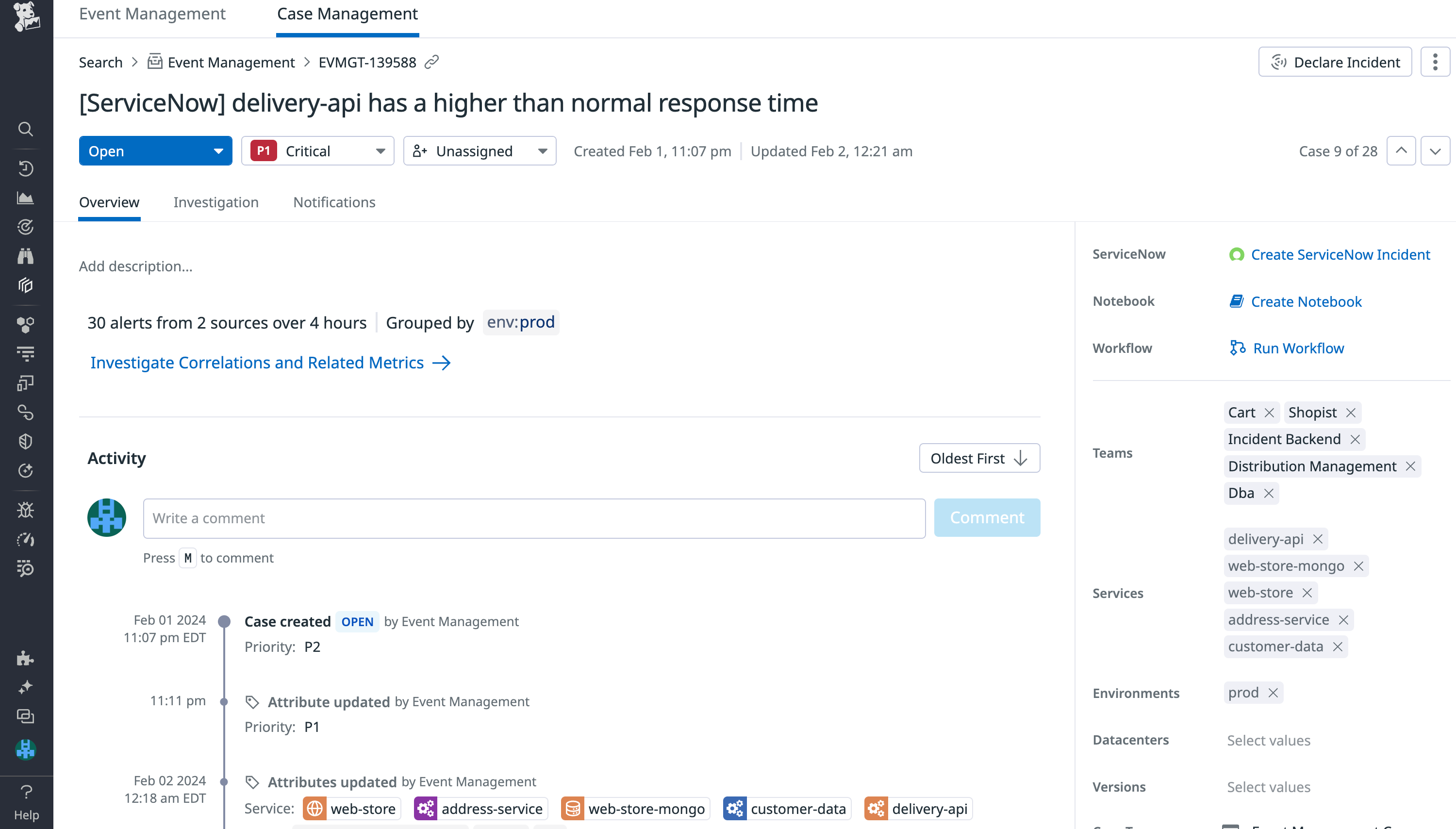 A case in Case Management that can be bidirectionally synced with a ServiceNow ticket.