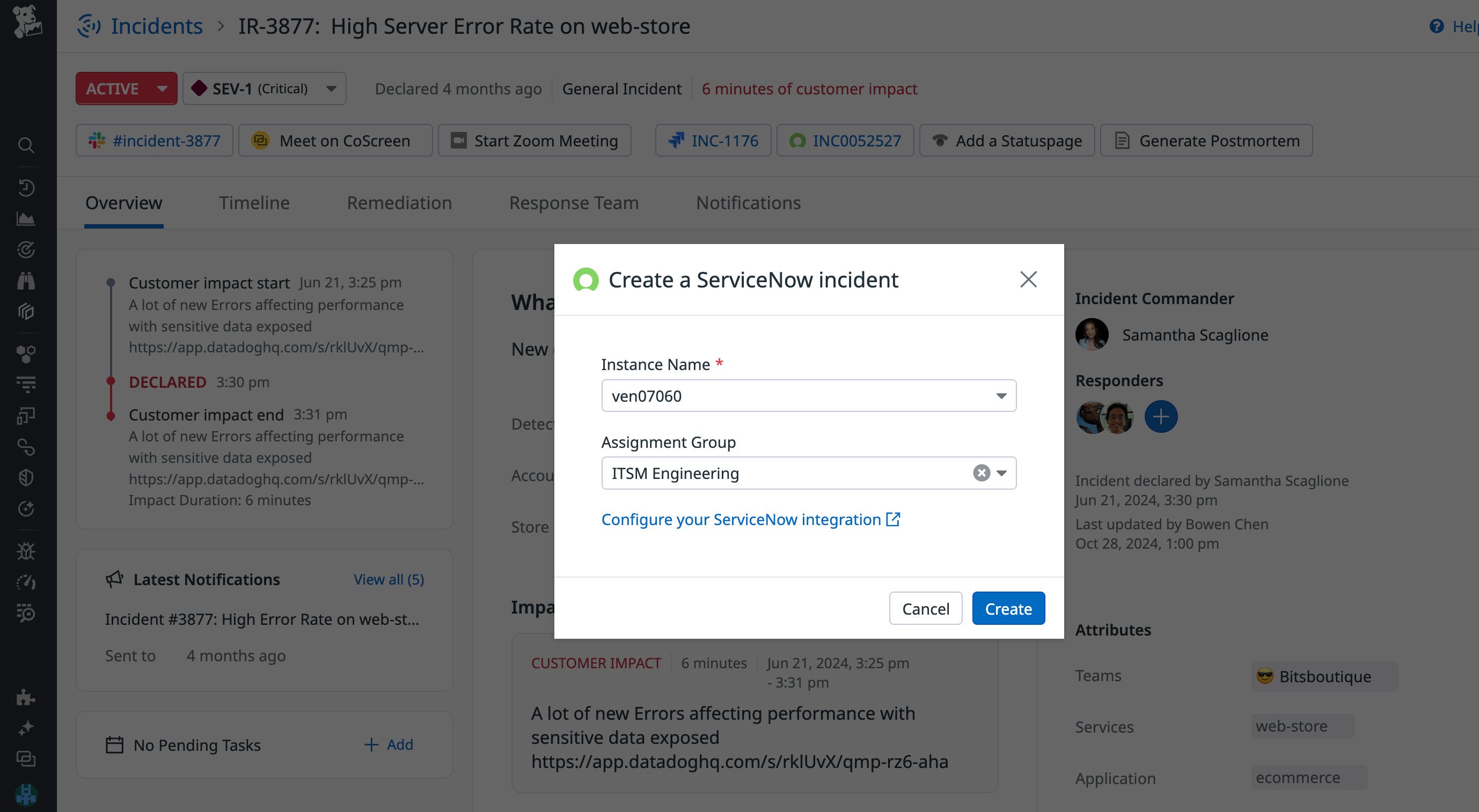 Screen in Incident Management where you can select the instance name and assignment group to create a ServiceNow incident. Screen in Incident Management where you can select the instance name and assignment group to create a ServiceNow incident.