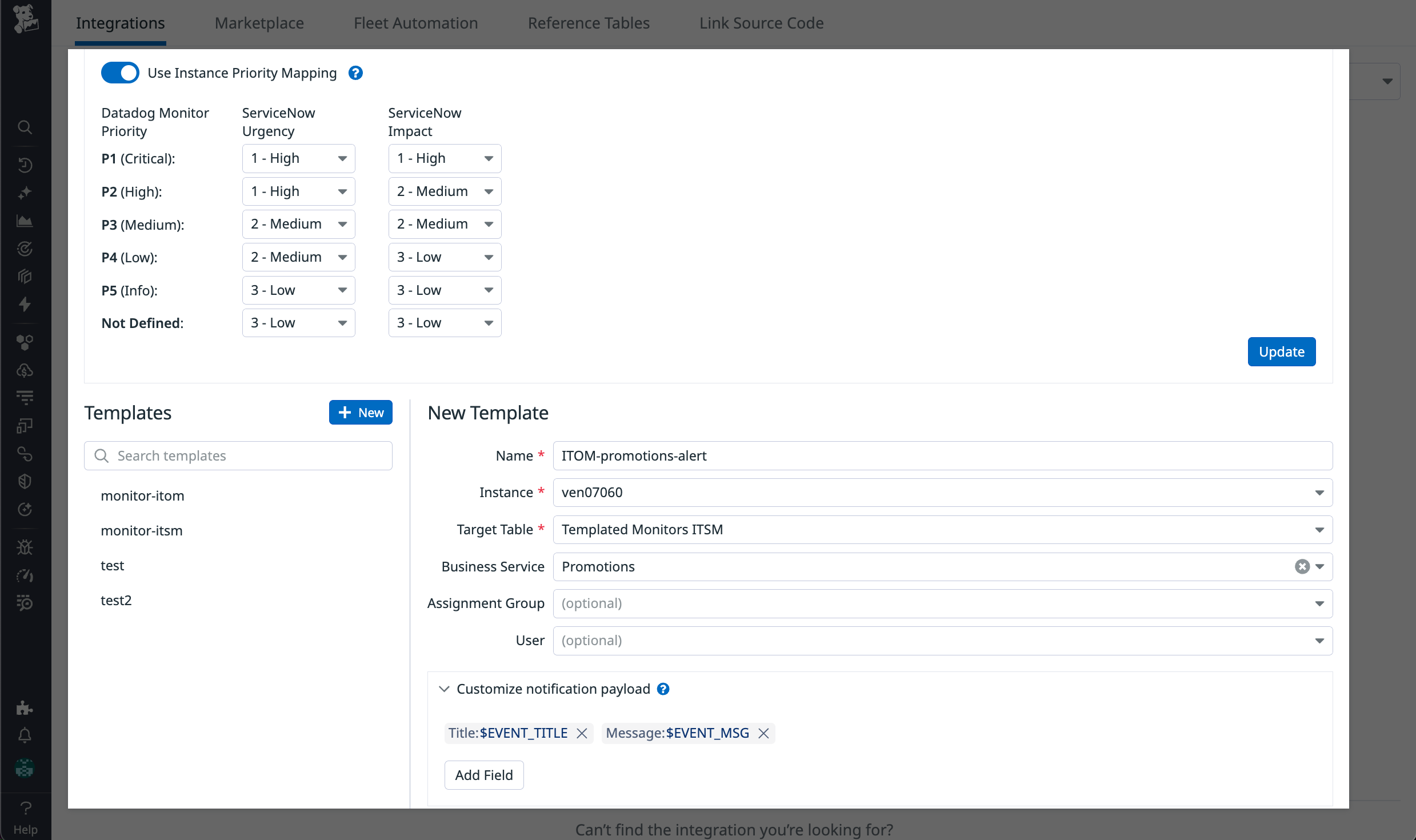 Screen where you can create a template, map ServiceNow fields, and set priority mappings.