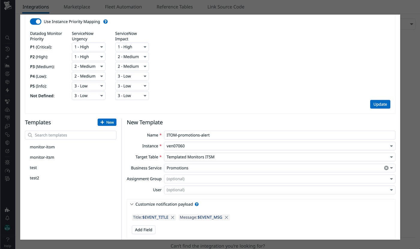 Screen where you can create a template, map ServiceNow fields, and set priority mappings. Screen where you can create a template, map ServiceNow fields, and set priority mappings.