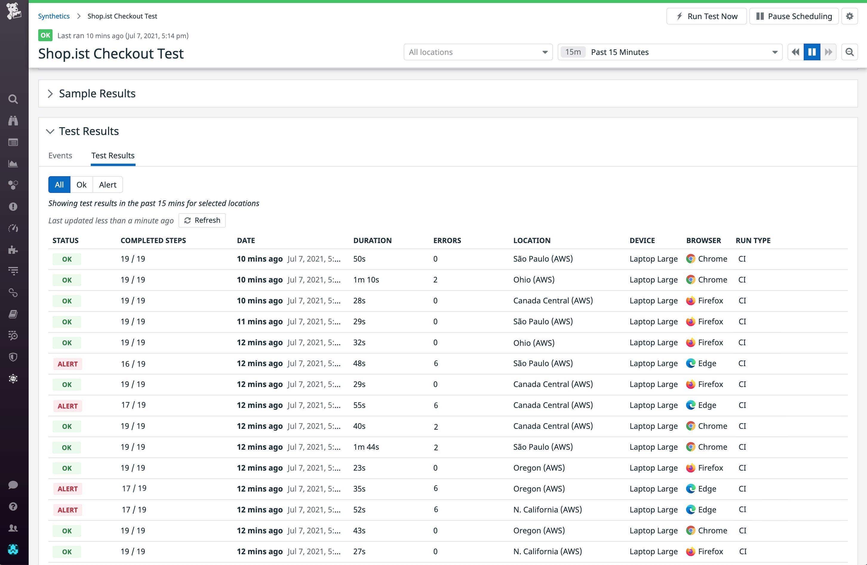List of test results run on different browsers and devices