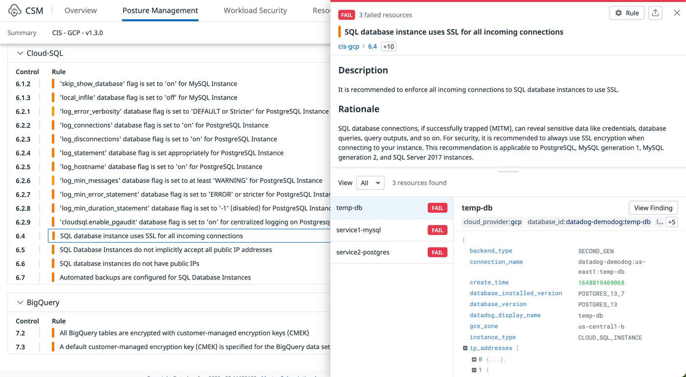 Datadog Cloud Security Misconfigurations for GCP findings explorer Datadog Cloud Security Misconfigurations for GCP findings explorer