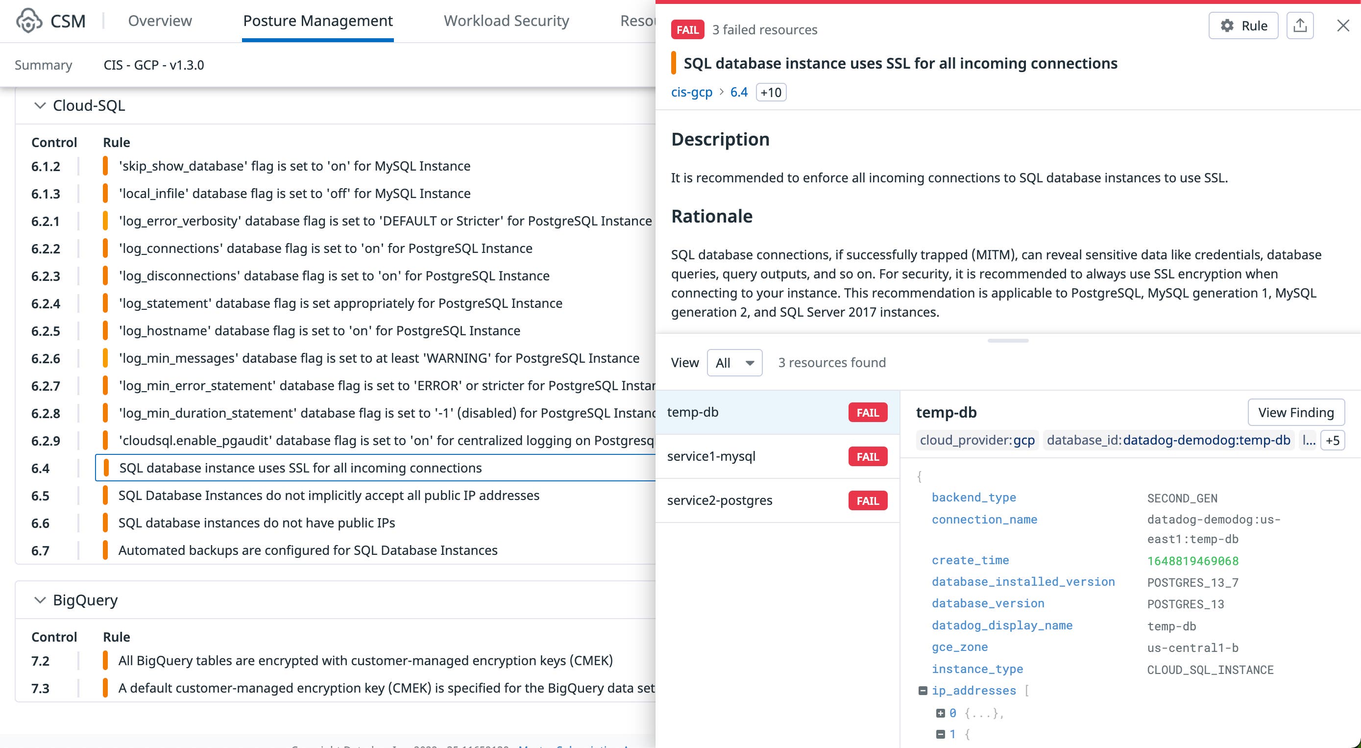 Datadog Cloud Security Misconfigurations for GCP findings explorer Datadog Cloud Security Misconfigurations for GCP findings explorer