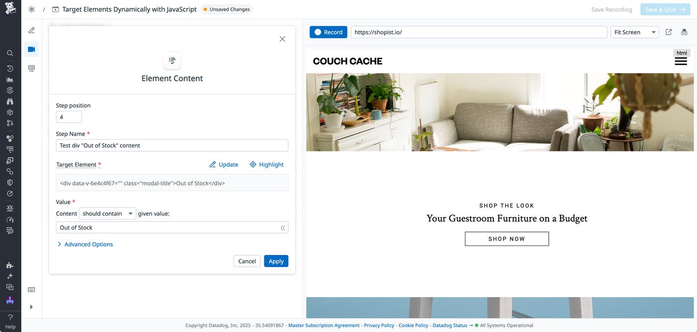 The Element Content panel for a locator that selects an element with 'Out of Stock' text. The Element Content panel for a locator that selects an element with 'Out of Stock' text.